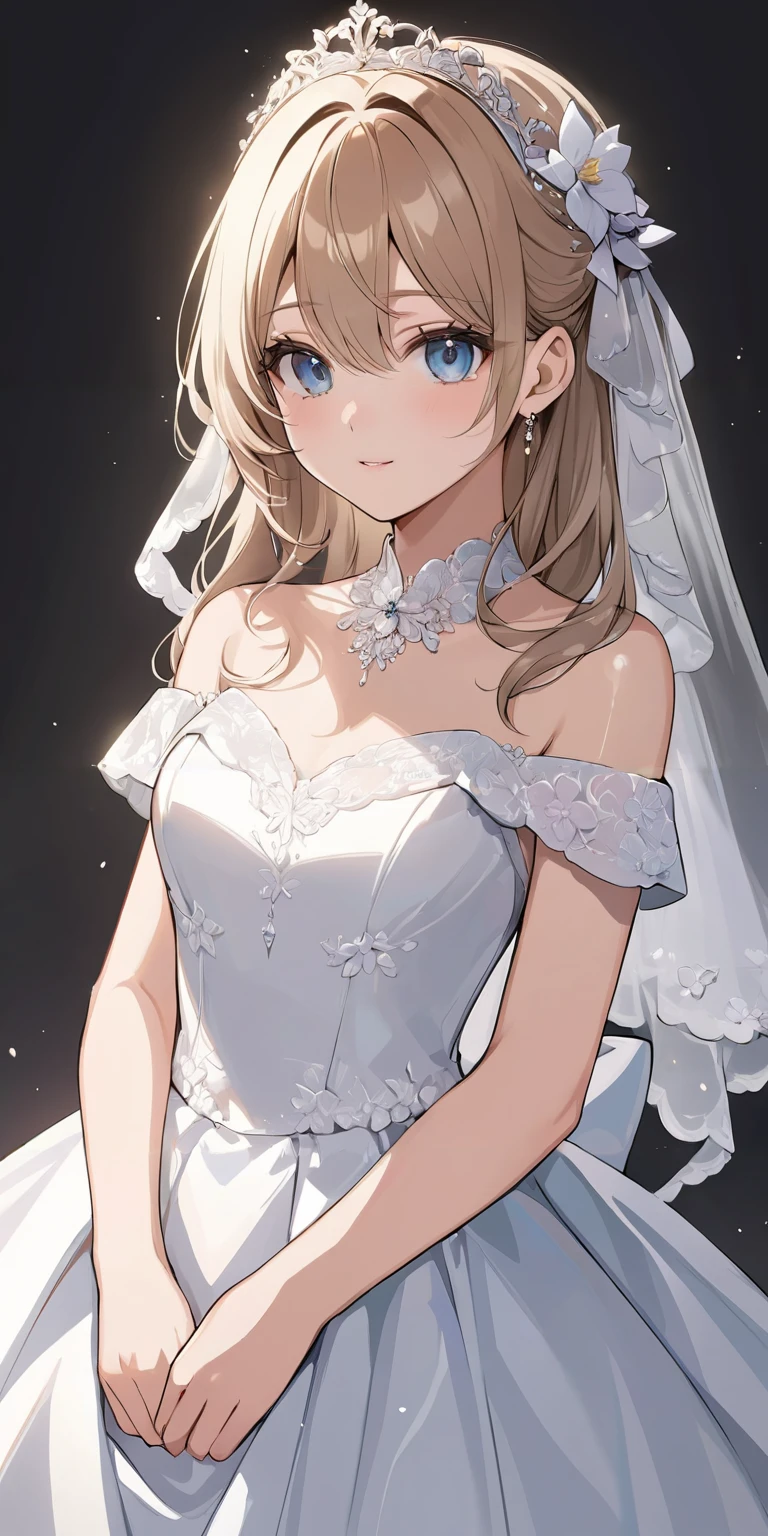 masterpiece,ultra-detailed,best quality,8K,illustration,cute face,clean skin ,shiny hair,girl,ultra-detailed-eyes,simple background, <lora:add-detail-xl:1> <lora:wedding dress_XL_V1.0:0.5> wedding dress, flower