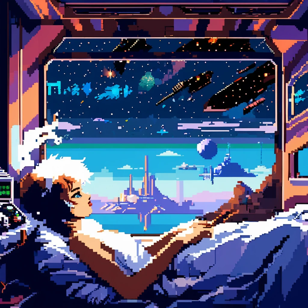 high quality pixel art, a pixel art silhouette of an anime space-themed girl in a space-punk steampunk style, lying in her bed by the window of a spaceship, smoking, with a rustic feel. The image should embody epic portraiture and double exposure, featuring an isolated landscape visible through the window. The colors should primarily be dynamic and action-packed, with a strong use of negative space. The entire artwork should be in pixel art style, emphasizing the characters shape and set against a white background. Silhouette