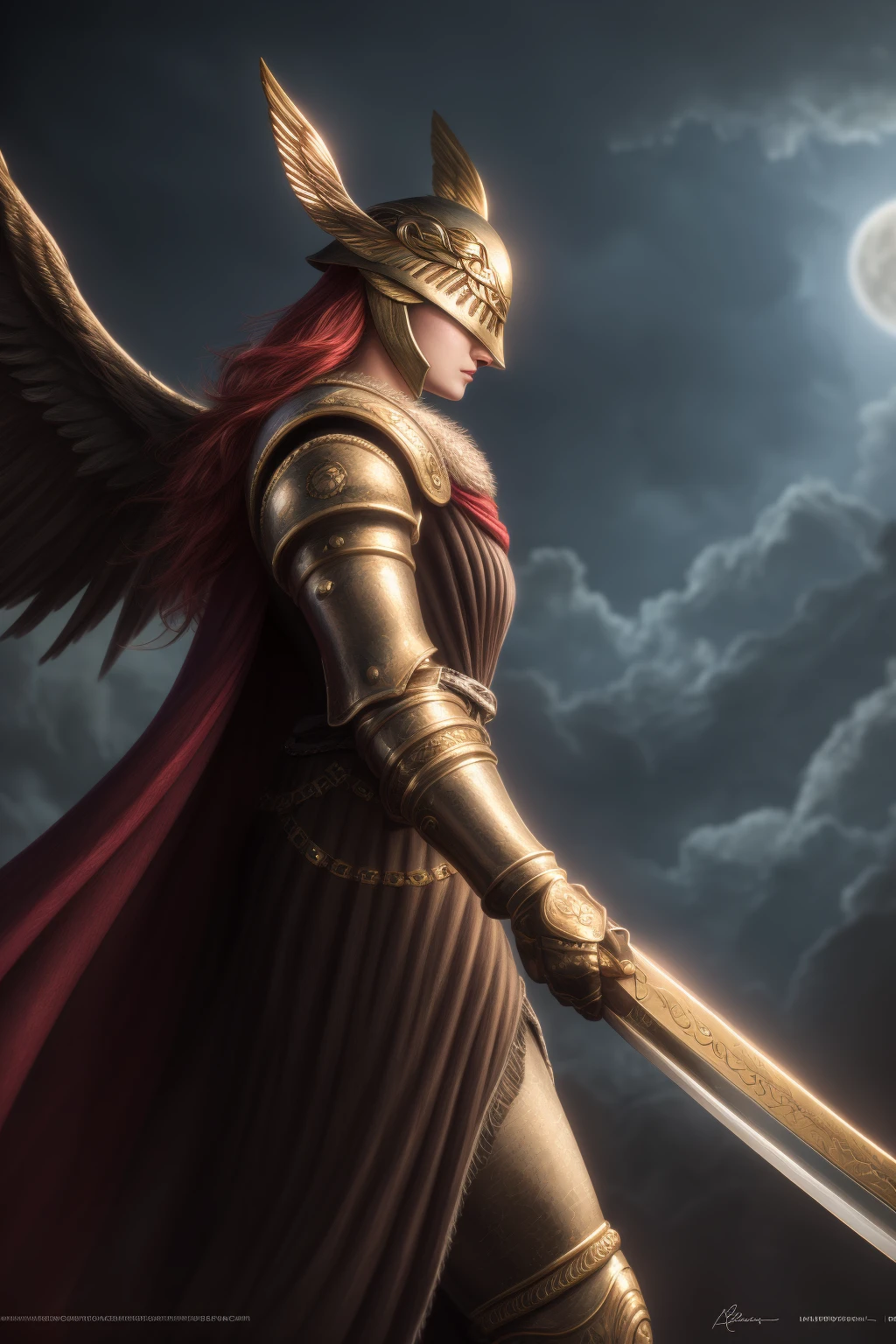 Best_QualityPos, RAW photo, intricate details, best quality, 8k uhd, soft lighting, 1girl, solo, malenia_phase_1, armor, helmet, winged helmet, long hair, cape, gauntlets, red hair, red cape, feathers, sword, holding, holding sword, full moon, cloudy sky <lora:mouth_slider_v1:-3> <lora:Malenia_Phase_1:0.7>