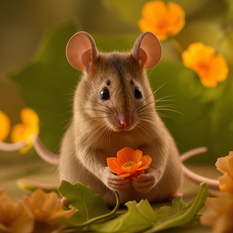 ultrarealistic photography, hyperrealistic lighting and shadows, soft glowing light, and meticulous detailing showcases an adorable mouse with expressive, large eyes, delicately holding a vibrant, orange flower while surrounded by gently blurred, ethereal foliage, creating a dreamy and magical ambiance against a warm, softly illuminated background.