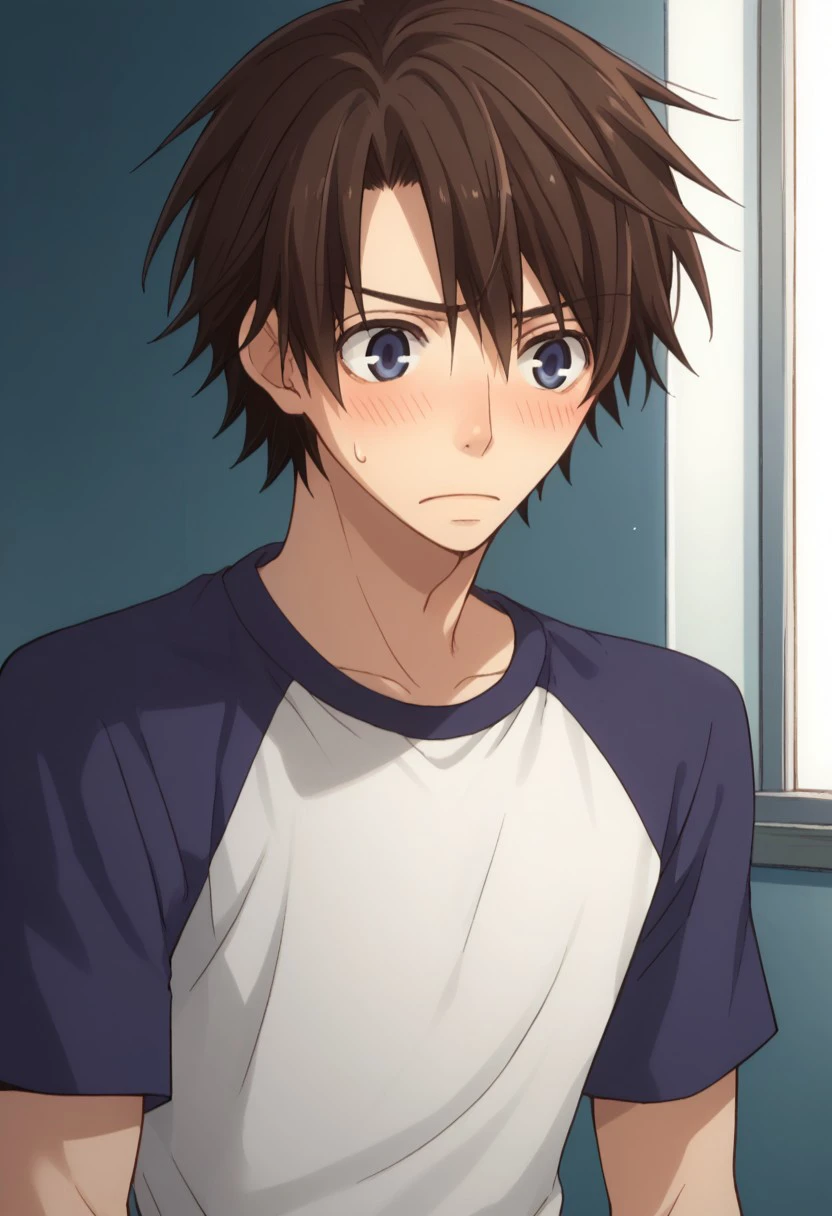 score_9, score_8_up, score_7_up, source_anime, highly detailed, 
chiaki, 1boy, male focus, solo, raglan sleeves, blush, sweatdrop, brown hair, blue eyes,
upper body,