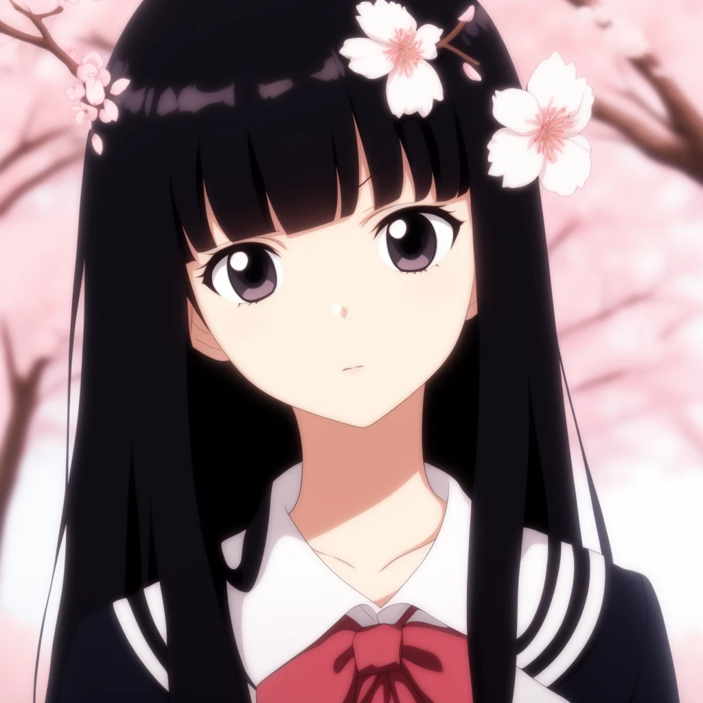 hk_as, anime screencap, 1girl, solo focus, (face portrait:0.6), school uniform, black hair, hime haircut, blunt bangs, black eyes, cherry blossom, long hair, looking at viewer