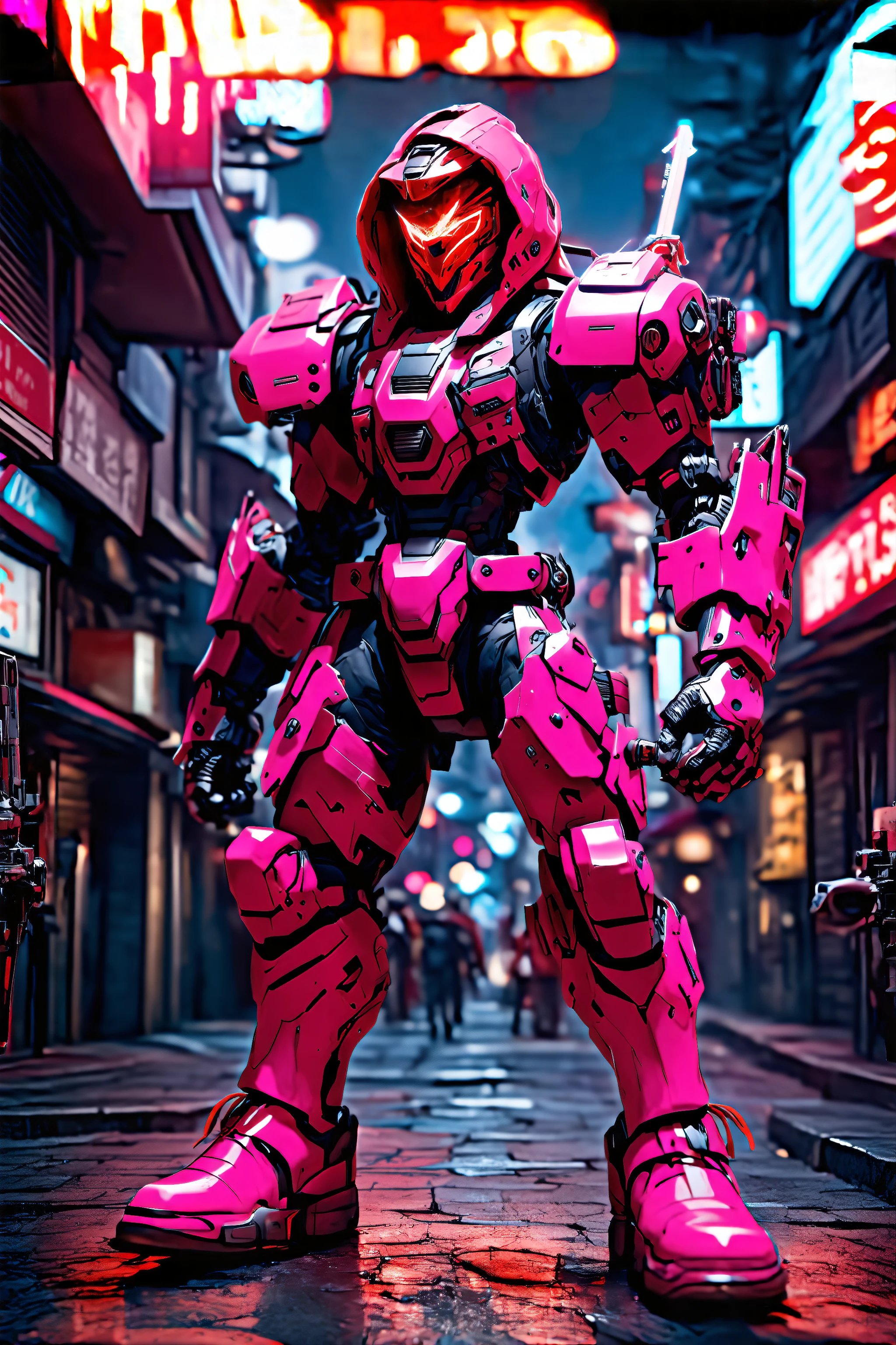 full body, Fluorescent Pink, hdsrmr, hdsrmr boots, hdsrmr helmet, hdsrmr pldrns, mecha helmet, holding zweihander, hood up, looking at viewer, old man focus, muscular, Wounded but Defiant Pose, shoulder hdsrmr, solo, torn clothes, weapon, Neon-Lit Chinatown