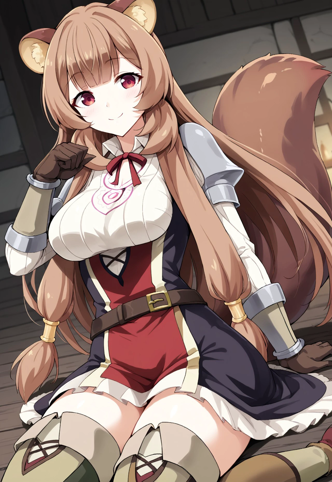 embedding:urn:air:sd1:embedding:civitai:222256@250708, raphtalia, red eyes, brown hair, raccoon girl, long hair, raccoon ears, raccoon tail, eye catching, masterpiece, best quality, Raphtalia, 1girl, solo, long hair, breasts, looking at viewer, blush, smile, brown hair, red eyes, thighhighs, long sleeves, dress, animal ears, very long hair, closed mouth, belt, armor, red ribbon, animal ear fluff, neck ribbon,  brown gloves, breastplate, raccoon ears, raccoon tail, raccoon girl,