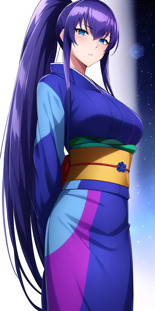 <lora:SaekoV2:0.7> busujima_saeko, large_breasts, standing, solo, arms_behind_back, starry_sky,  multicolored_kimono_blue_kimono_obi, ponytail, masterpiece, best_quality, detailed_face, detailed_eyes, highres, beautiful, detailed, absurdres,