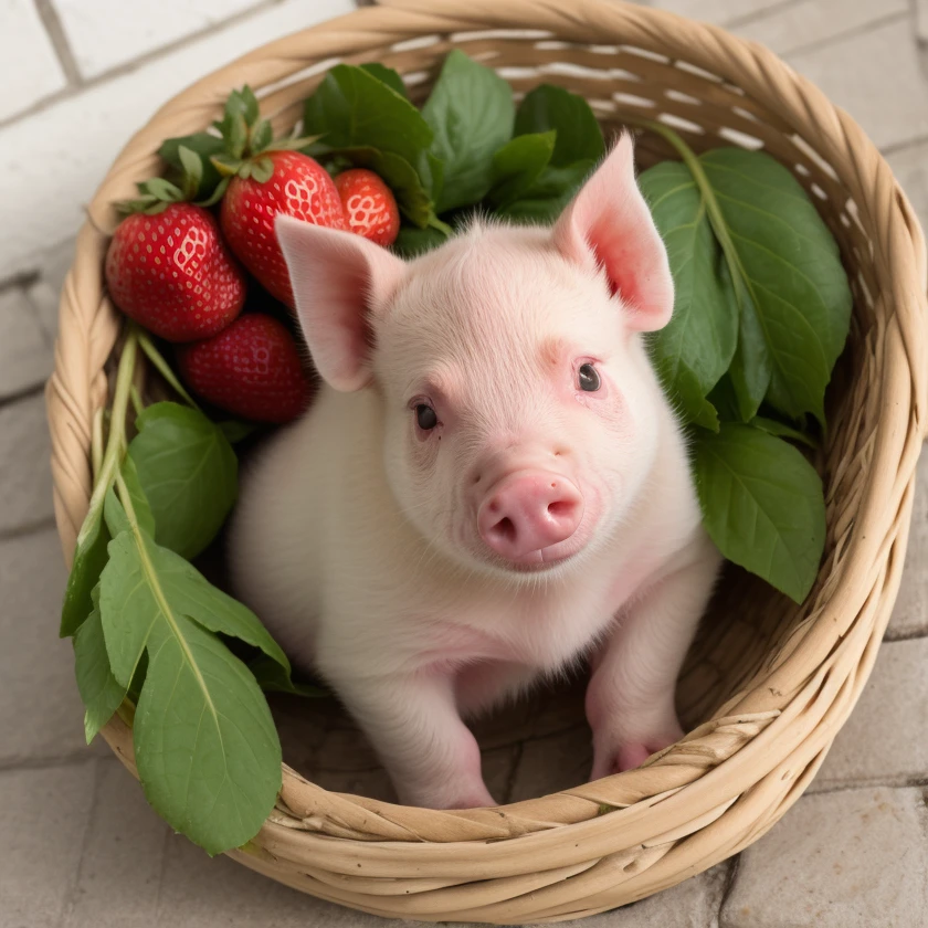 ultrarealistic photograph of a strawberry piglet in a basket of cheese, 32k UHD, volumetric lighting, absurdres, natural light and shadow, natural feather texture, [[[imperfections]]], extremely detailed, award-winning photographer, depth of field, botanical garden