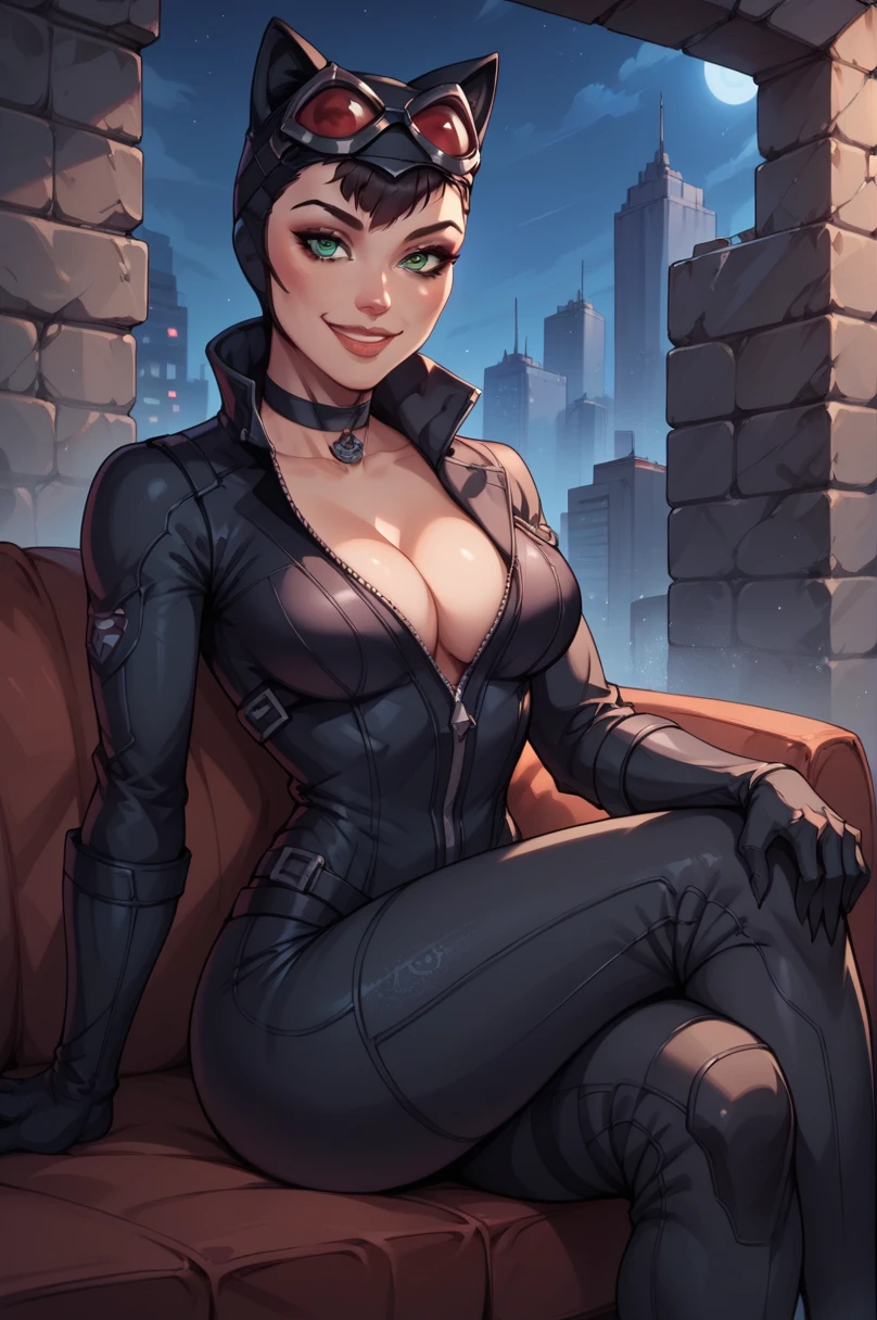score_9, score_8_up, score_7_up, score_6_up, source_anime, BREAK masterpiece,<lora:ArkhamCity_-_Catwoman:1>, CatArkhamCity,helmet, googles on headwear, green eyes, looking at viewer, gloves,black bodysuit, cleavage, choker, seductive smile, night, concrete wall, couch, crossed legs, hand on own knee,