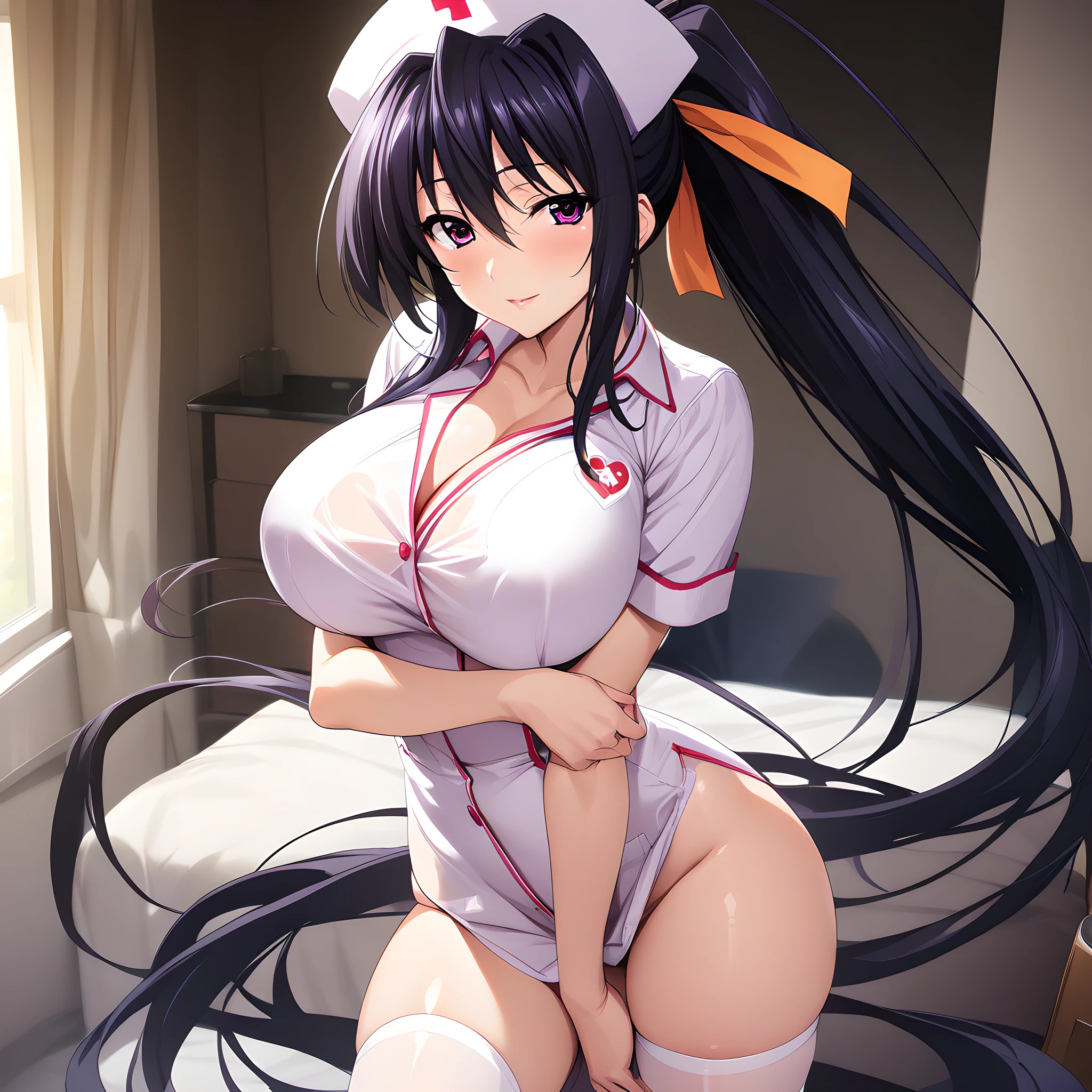 (masterpiece),(best quality),(ultra-detailed),(best illustration),(best shadow),(absurdres),(detailed background),(very aesthetic), akeno_himejima, 1girl, black hair, breasts, chess piece, ponytail, nurse, solo, long hair, thighhighs, hat, nurse cap, very long hair, large breasts, purple eyes, ribbon, hair ribbon, seductive smile, looking at viewer, cowboy shot, <lora:Akeno_Himejima:1>