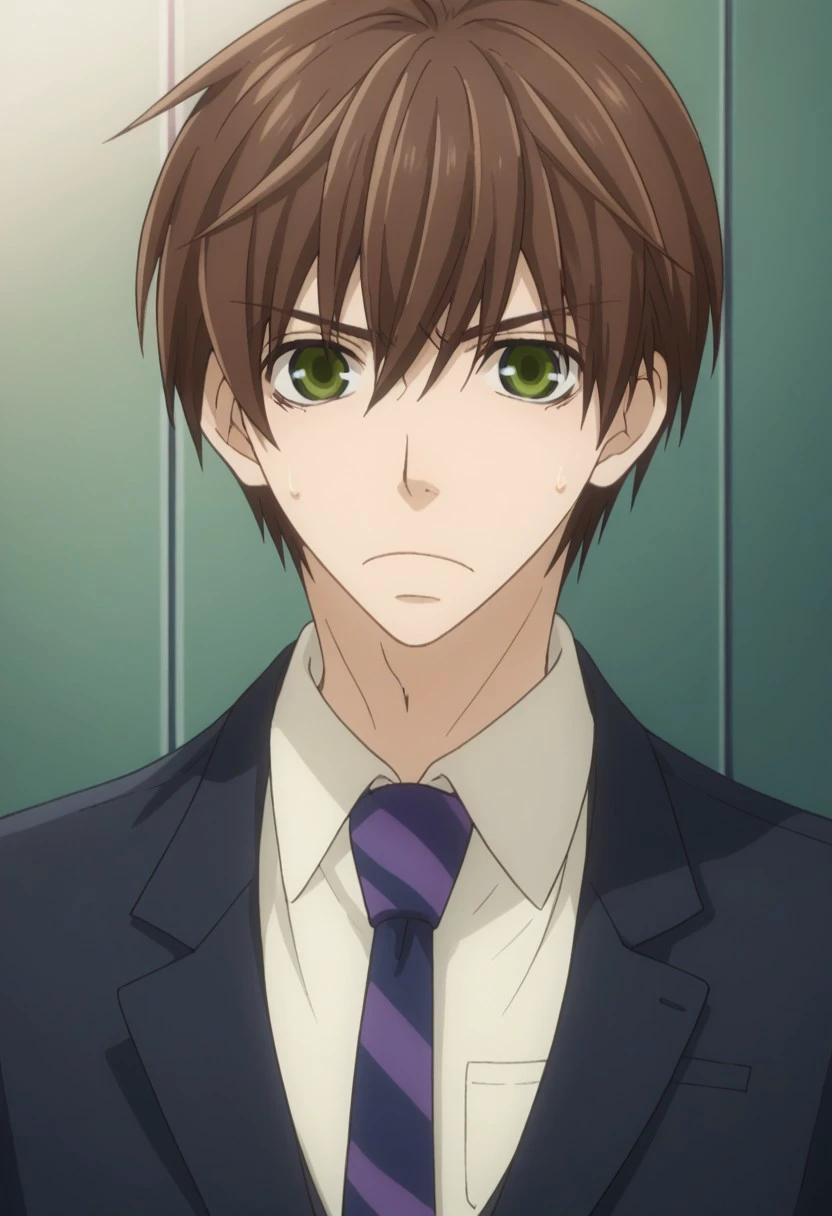 score_9, score_8_up, score_7_up, source_anime, highly detailed, 
ritsuonodera, 1boy, male focus, brown hair, necktie, green eyes, solo, formal, suit, sweatdrop, looking at viewer, upper body, collared shirt, striped necktie,
indoor, frown