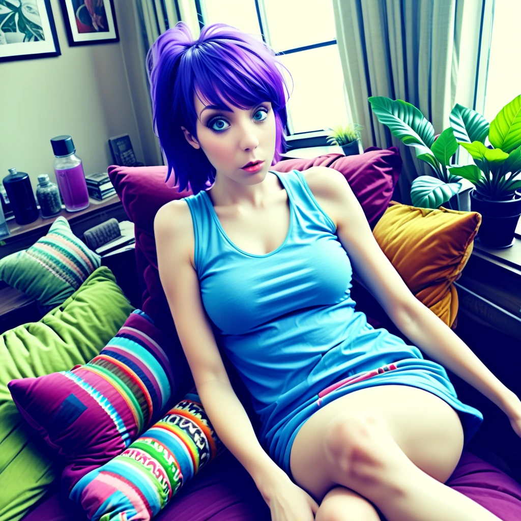 stockings, blue grey eyes, drugs, cushions, cannabis, sunshine, blue ditsy dress, bong, thin, daylight, weed, bangs, plants, purple hair