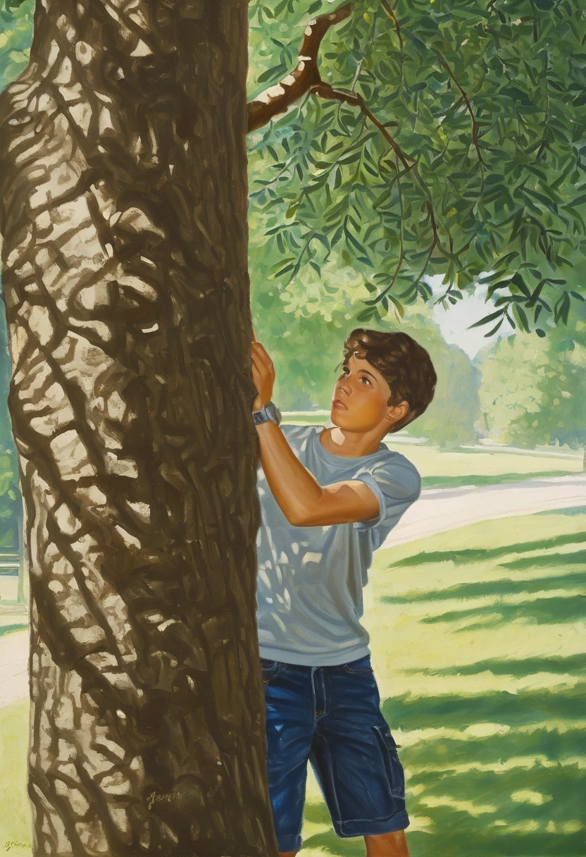 a painting, a teen boy holding on to a tree branch, outside, shady, on a summer day, highly detailed, by George Gross