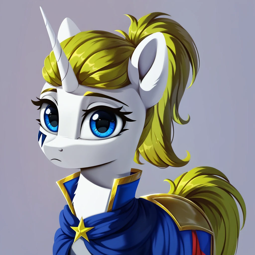 masterpiece, score_9, score_8_up, score_7_up, (best quality:1.1), ultra-detailed, high resolution, solo, 1character, Honoria Goldmane, unicorn, pony, feral, mare, white skin, fluffy pony ears, horn, yellow mane, tail, ponytail, feral, female, mare, (((beautiful detailed blue eyes)), blue cape, 2black Isosceles triangles on the cheek, looking at you, long eyelashes, Highly Visible, (((8k))), leader portrait, from Equestria at War, sharp focus, perfect lighting, shiny, detailed outfit, anatomically correct, extremely detailed, shine on body, high detail, cute, Expressiveh, simple background