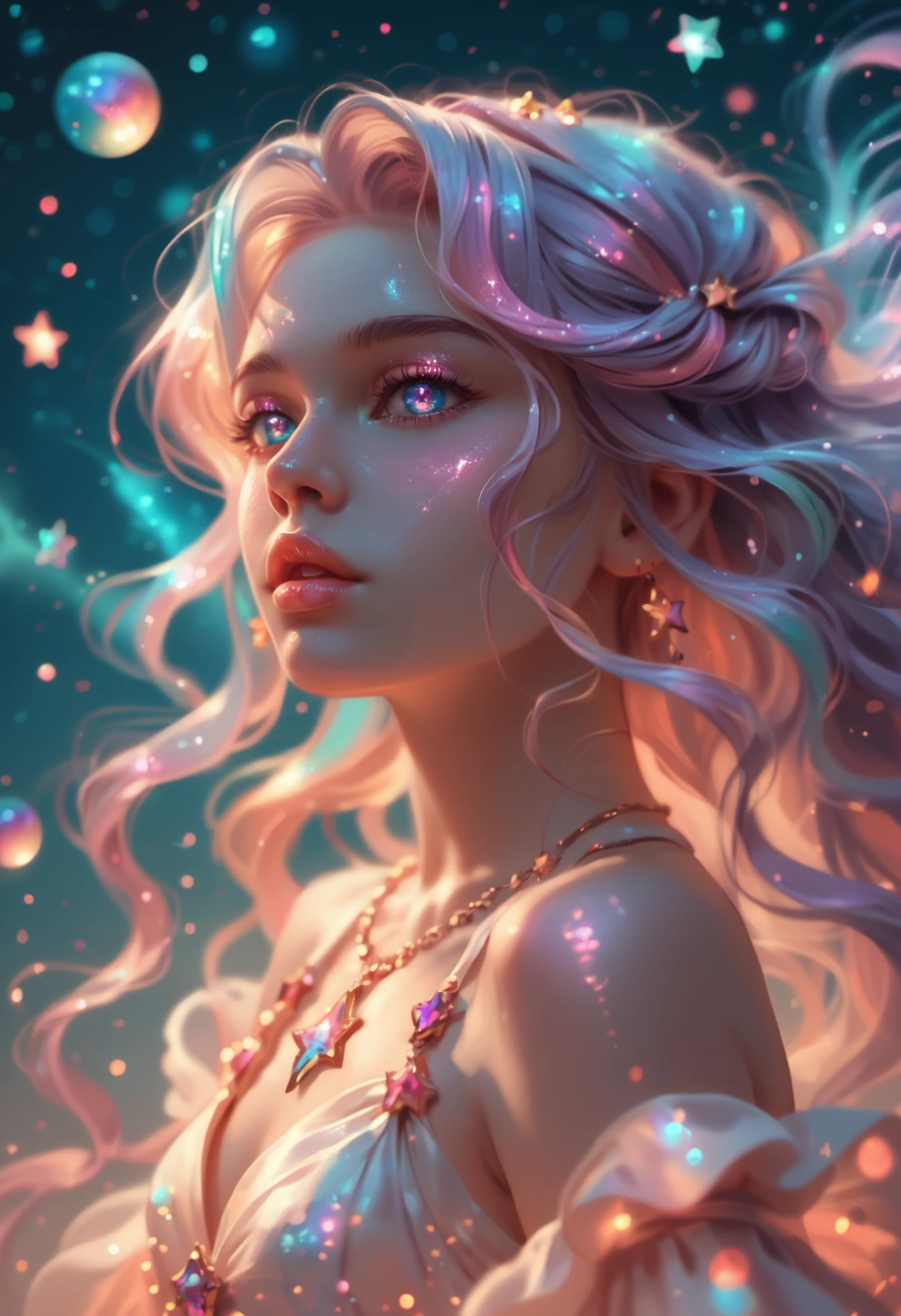 score_9, score_8_up, score_7_up, score_6_up, score_5_up, score_4_up, aurealis, 1girl, iridescent skin, shimmering hair, pastel colors, glowing eyes, mesmerizing gaze, celestial background, stars, galaxies, dreamy atmosphere, flowing white gown, ethereal, mystic, ornate silver jewelry, delicate features, petite nose, full lips, soft focus <lora:Pony\Aurealis_gamma-PDXL:0.7>