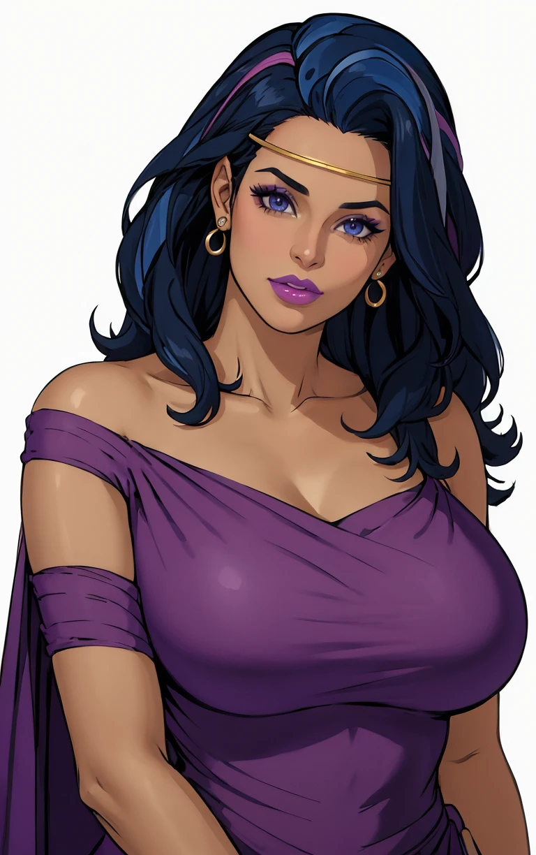 (masterpiece, best quality:1.4), insaneres, absurdres, solo, looking at viewer,BREAK 
CARTOON_CaptainPlanet_Gaia_ownwaifu,
1girl, circlet, long hair, black hair, dark skin, earrings, blue eyes, lipstick, makeup, blue hair, large breasts, multicolored hair, colored skin, lips, big hair, collarbone, purple lips, wavy hair,
dress, purple dress, bare shoulders, cape, jewelry, bracelet, 
(portrait, head tilt, looking at viewer), straight-on,  white border, bokeh, <lora:CARTOON_CaptainPlanet_Gaia_ownwaifu:0.8>, solo,