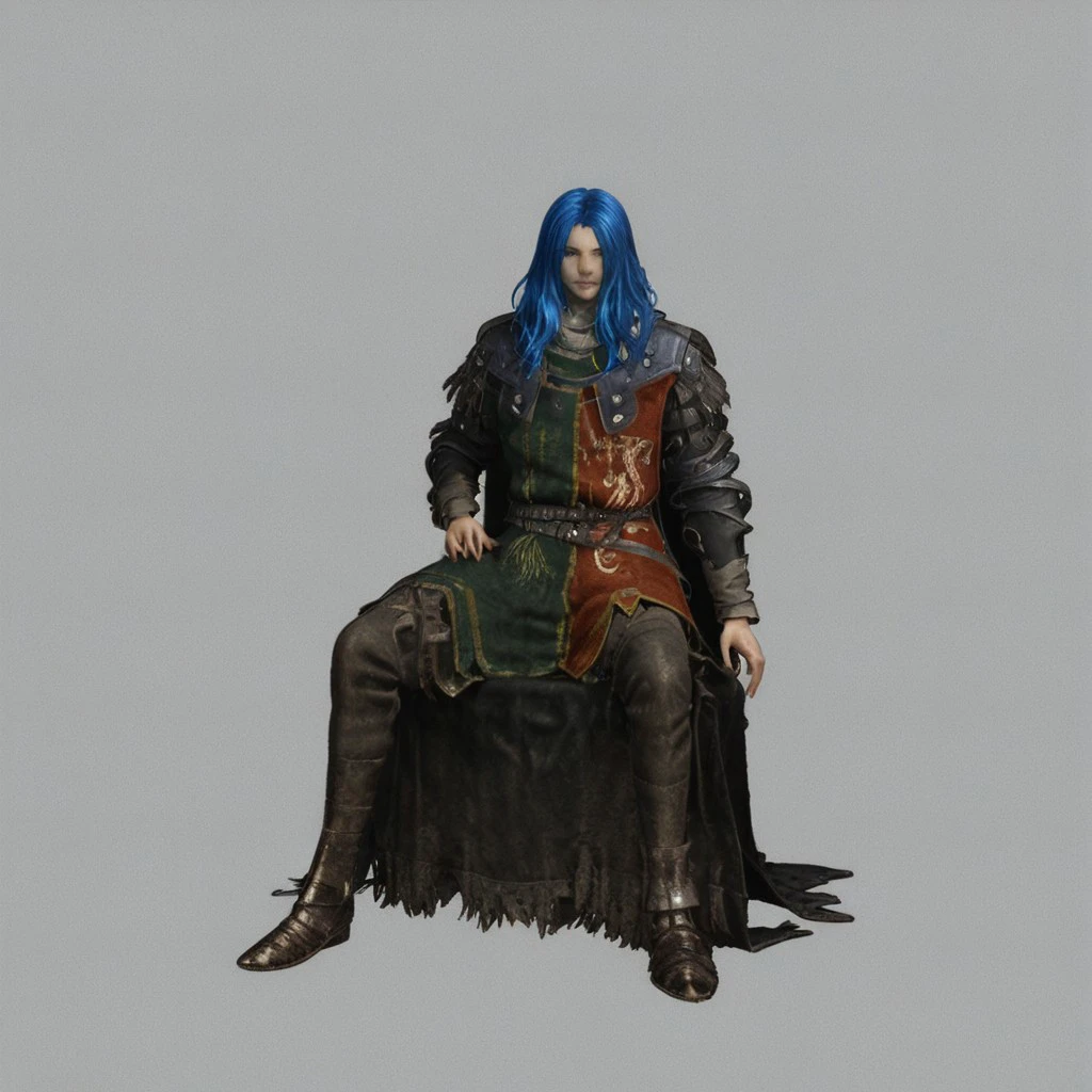 1girl, surcoat, simple background, sitting, blue hair, solo