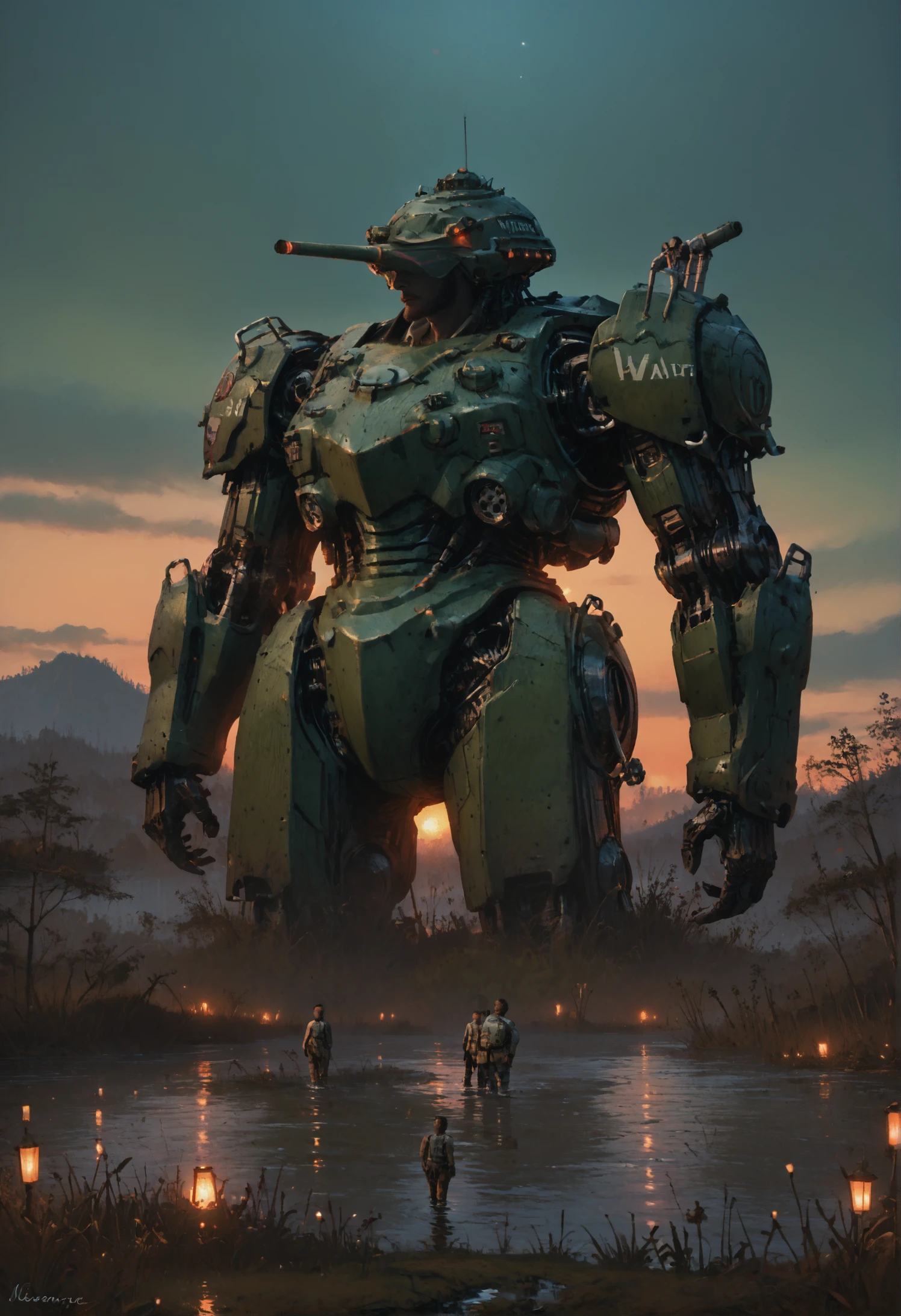 score_9, score_8_up, score_7_up,  <lora:MechaForge-000003:1> m3chaf0rge, giant, giant mech, mecha, bipedal mech, science fiction, sunset, tank, military mech, full body, legs, swamp, wetland, people,