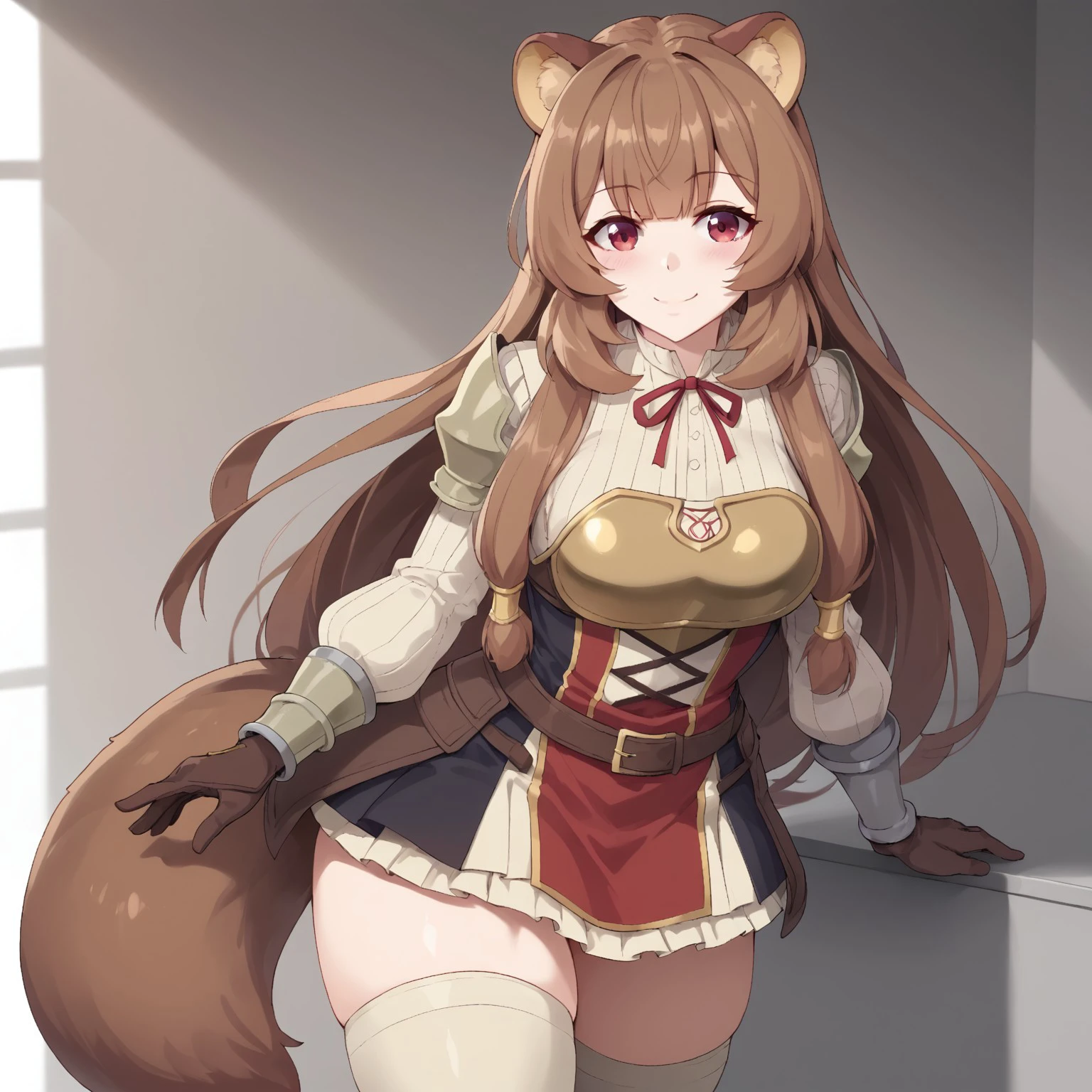 embedding:urn:air:sd1:embedding:civitai:222256@250708, raphtalia, red eyes, brown hair, raccoon girl, long hair, raccoon ears, raccoon tail, eye catching, masterpiece, best quality, Raphtalia, 1girl, solo, long hair, breasts, looking at viewer, blush, smile, brown hair, red eyes, thighhighs, long sleeves, dress, holding, animal ears, very long hair, closed mouth, belt, armor, red ribbon, animal ear fluff, neck ribbon,  brown gloves, breastplate, raccoon ears, raccoon tail, raccoon girl,