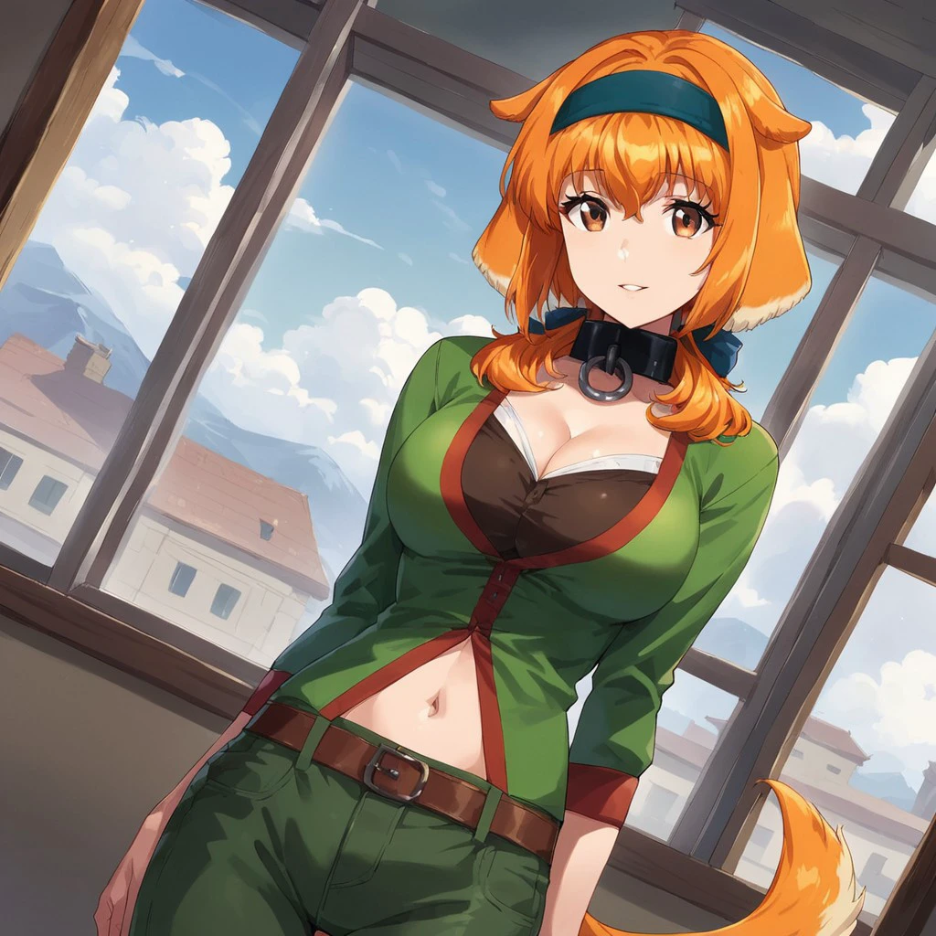 Roxanne,1girl, solo, breasts, large breasts, navel, animal ears, cleavage, tail, hairband, pants, orange hair, collar, dog ears, dog tail, dog girl, black collar, green pants, floppy ears, eyes closed, sleeping, lying on bed, waist up, leather slave collar choker, bracers