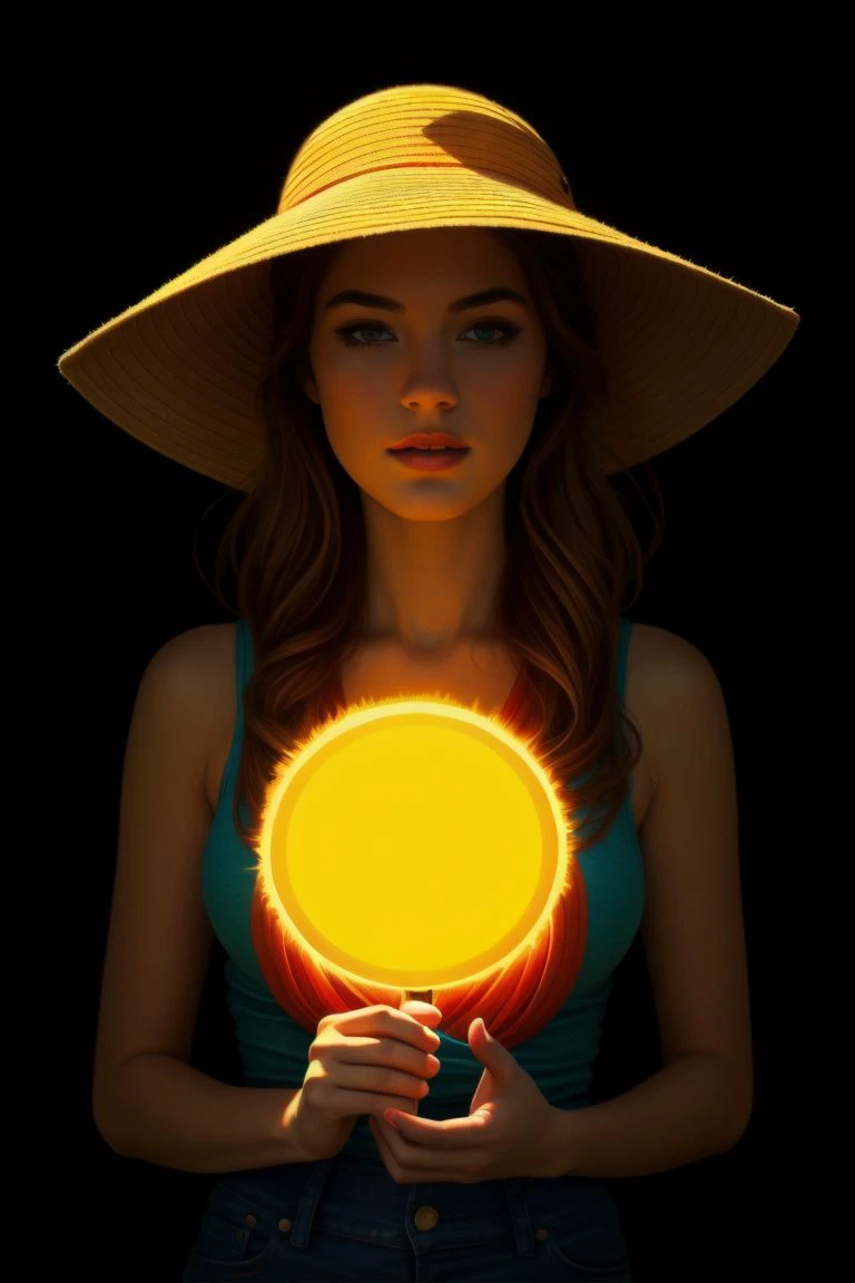 Woman wearing a sun hat in the style of Light Painting, beautiful, vibrant, masterpiece, 8k, Ultra HD, amazing details, amazing quality, amazing artist, sharp edges, detailed textures, full view, atmospheric lighting, amazing visuals