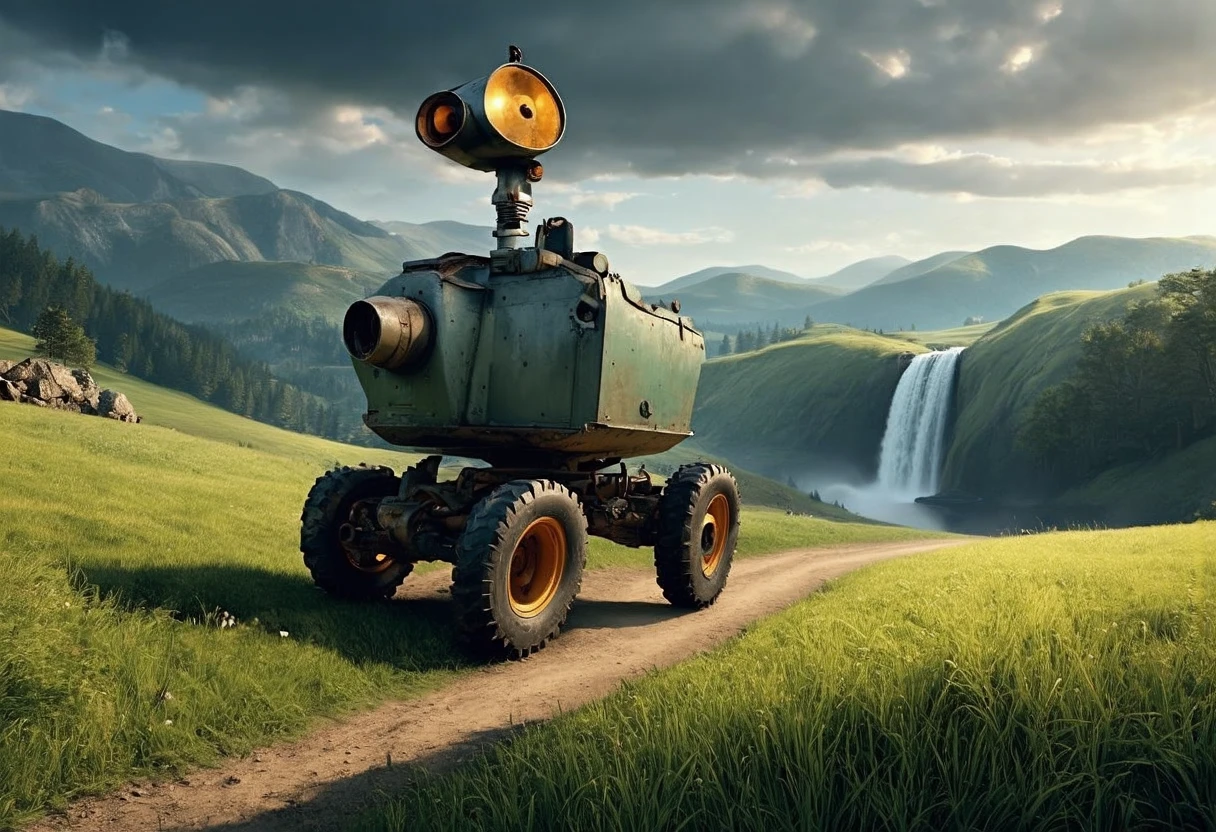 YFG-SpyWorld50s, spy, 1950s 
A large agricultural Simon Stalenhag robot is shown in the midst of mountain path near a waterfall, from above, volumetric water vapors swirls around it as if caught by an unseen wind, background features a lush forest and dark sky, detailed, realistic, 8k uhd, high quality, style of James Stokoe. Graphic illustration, comic art, graphic novel art, vibrant, highly detailed
