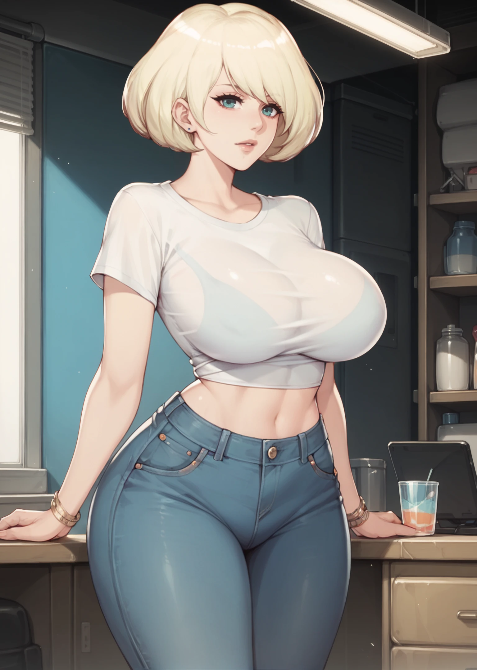 score_9,score_8_up,score_7_up,score_6_up,score_5_up,alienquestellen,short hair,curvy,large breasts,solo,blonde hair,tshirt,jeans,indoors,<lora:AlienQuestEllenPony2:0.8>,<lora:add-detail-xl:0.3>,