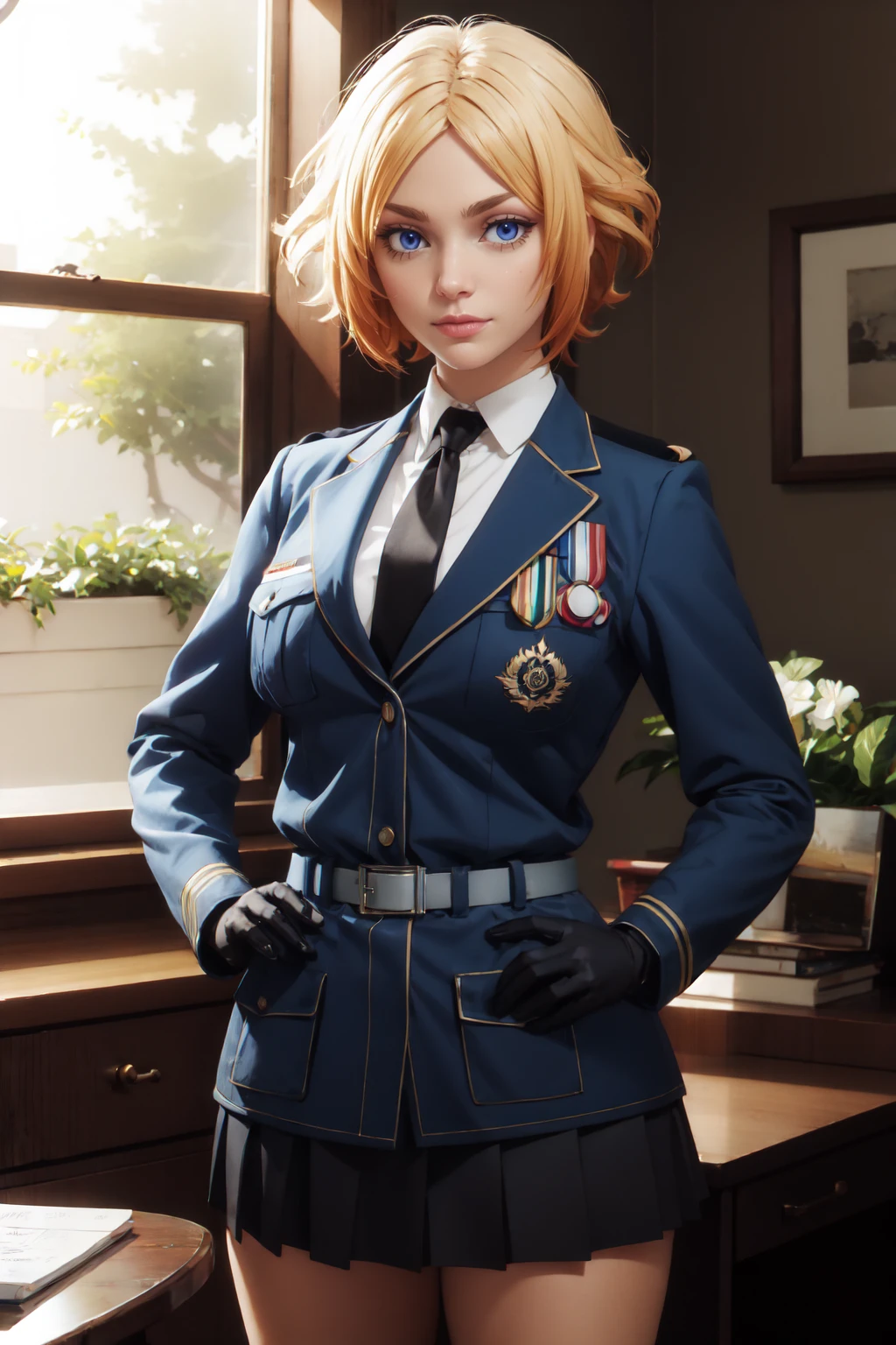 <lora:chrisWestland-10:0.8> chrisWestland, cwUniform,blonde hair, short hair, blue eyes,large breasts, black necktie, blue skirt, black gloves, white shirt, blue jacket, military uniform, belt, miniskirt, pleated skirt, collared shirt, office, looking at viewer, ray tracing, intricate details, highly detailed <lora:ChromaticAberration:0.2>, 8k, masterpiece, absurdes, highly detailed, highres, high quality, best quality, realistic, hd, perfect face, detailed face, extremely detailed, intricate details, vibrant image, sharpness, colorful, incredibly absurdres, uncensored,detexted