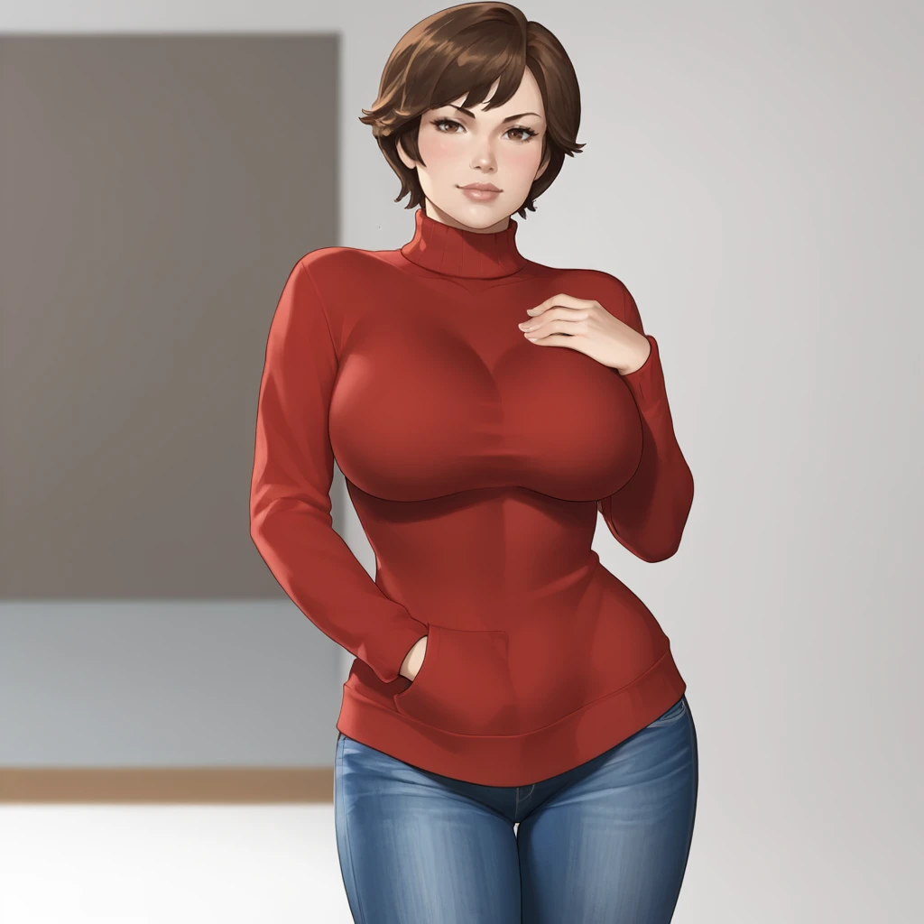 <lora:wasp_pony_v1:1> waspjanet, 1girl, short hair,  brown hair, brown eyes, lips, cowboy shot, giant breasts, sweater, jeans