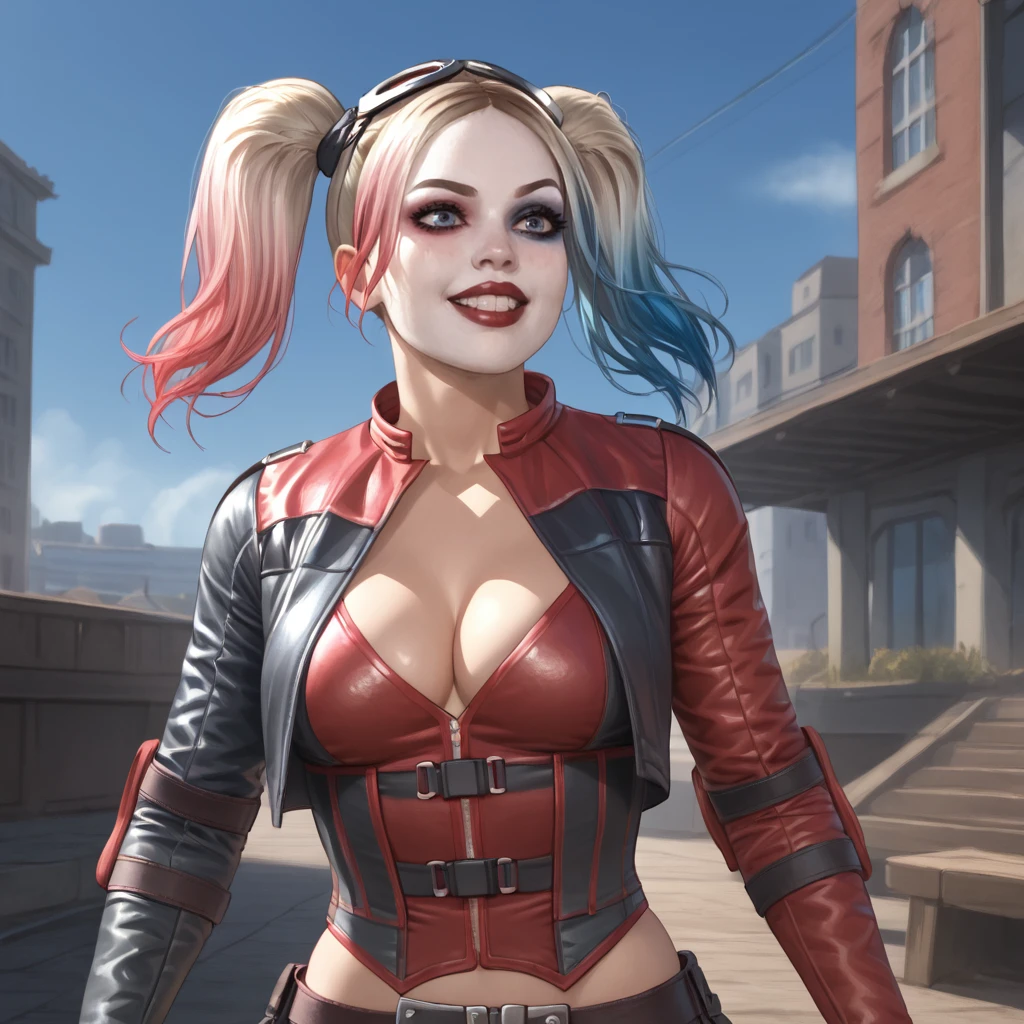 <lora:harleyquinninjustice2_pony_v1:.7>  harleyquinninjustice2, 1girl, twintails, medium breasts, cleavage, bodysuit, multicolored hair, makeup, goggles on head, blue hair, gloves, lipstick, pale skin, lips, holster, long hair, pink hair, giant breasts, cowboy shot