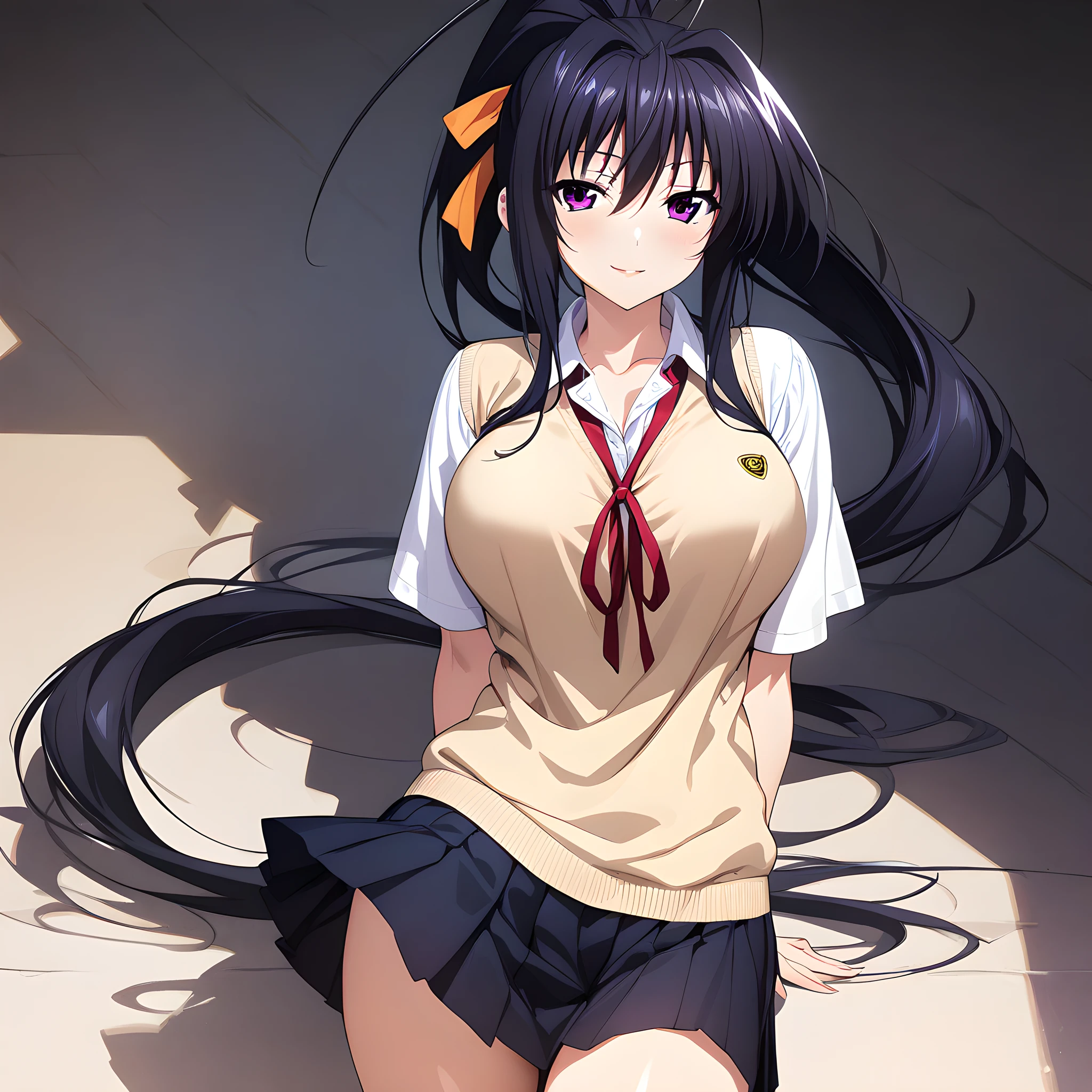 (masterpiece),(best quality),(ultra-detailed),(best illustration),(best shadow),(absurdres),(detailed background),(very aesthetic),  akeno_himejima, 1girl, long hair, solo, breasts, school uniform, skirt, very long hair, large breasts, black hair, purple eyes, ponytail, ribbon, hair ribbon, looking at viewer, cowboy shot, seductive smile, from the front<lora:Akeno_Himejima:1>