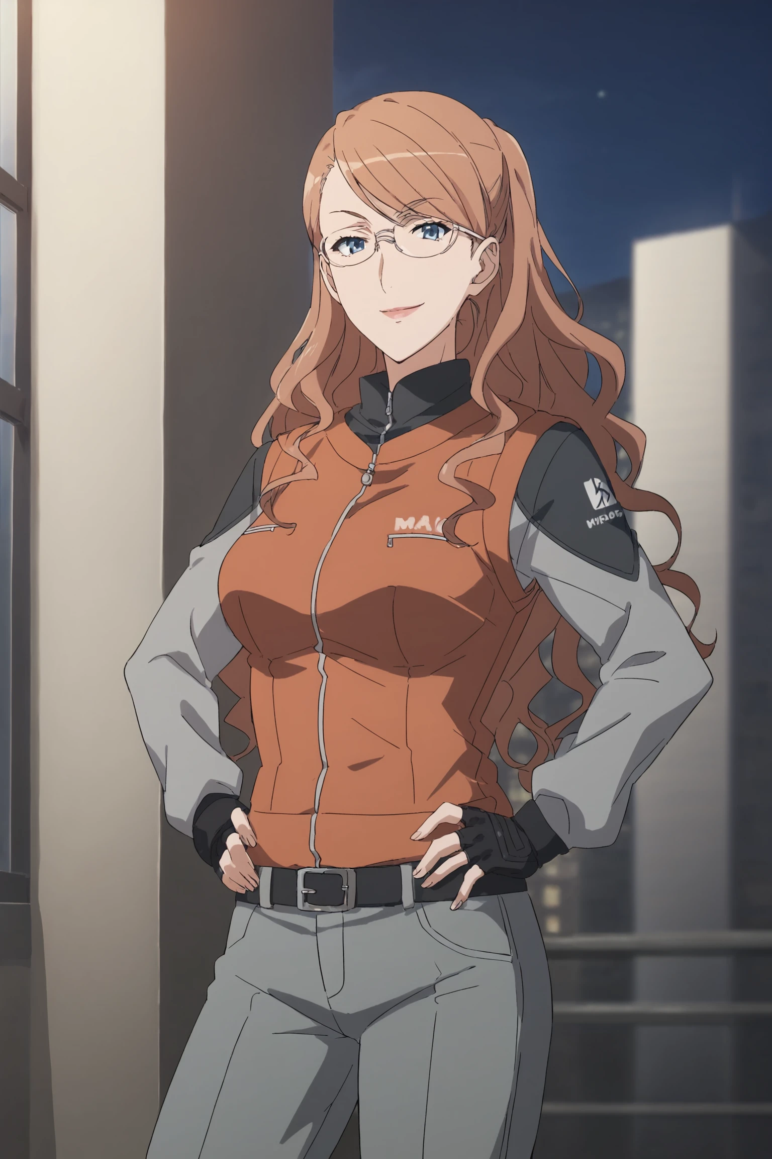 therestina kihara lifeline, brown hair, long hair, wavy hair, blue hair, glasses, thterestinamar, long sleeves, grey shirt, orange vest, black gloves, fingerless gloves, black belt, grey pants, <lora:Therestina_Kihara_Lifeline:0.8>, score_9, score_8_up, score_7_up, score_6_up, score_5_up, source_anime, rating_safe, medium breasts, outdoors, city, (night:1.4), 1girl, solo, looking at viewer,  <lora:age_slider_v4:3>, smile, hands on own hip