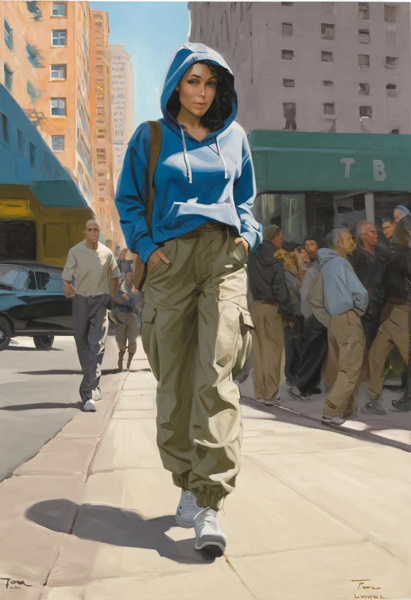 a painting, by Tom Lovell, a cute young woman, wearing baggy cargo pants, midriff hoodie, walking down the street, in a modern city, daytime, outside, 2020s