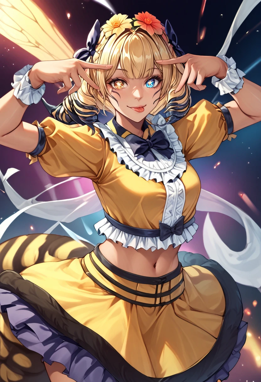 score_9,score_7_up,source_anime,zPDXL2,concert,stage BREAK
hnyb,(hnybeetail:1),(bee tail:1),upper body,looking at viewer,smile,drill hair,blunt bangs,facial mark,hair ornament,hair flower,heterochromia,blonde hair,(dark skin:1.2),tan,frilled dress,puffy sleeves,midriff,aihoshinopose,double v,tongue out,(star-shaped pupils:1.3),close up,portrait,
<lora:honeybv3:1><lora:pose_aihoshinopose_ponyXL:1>