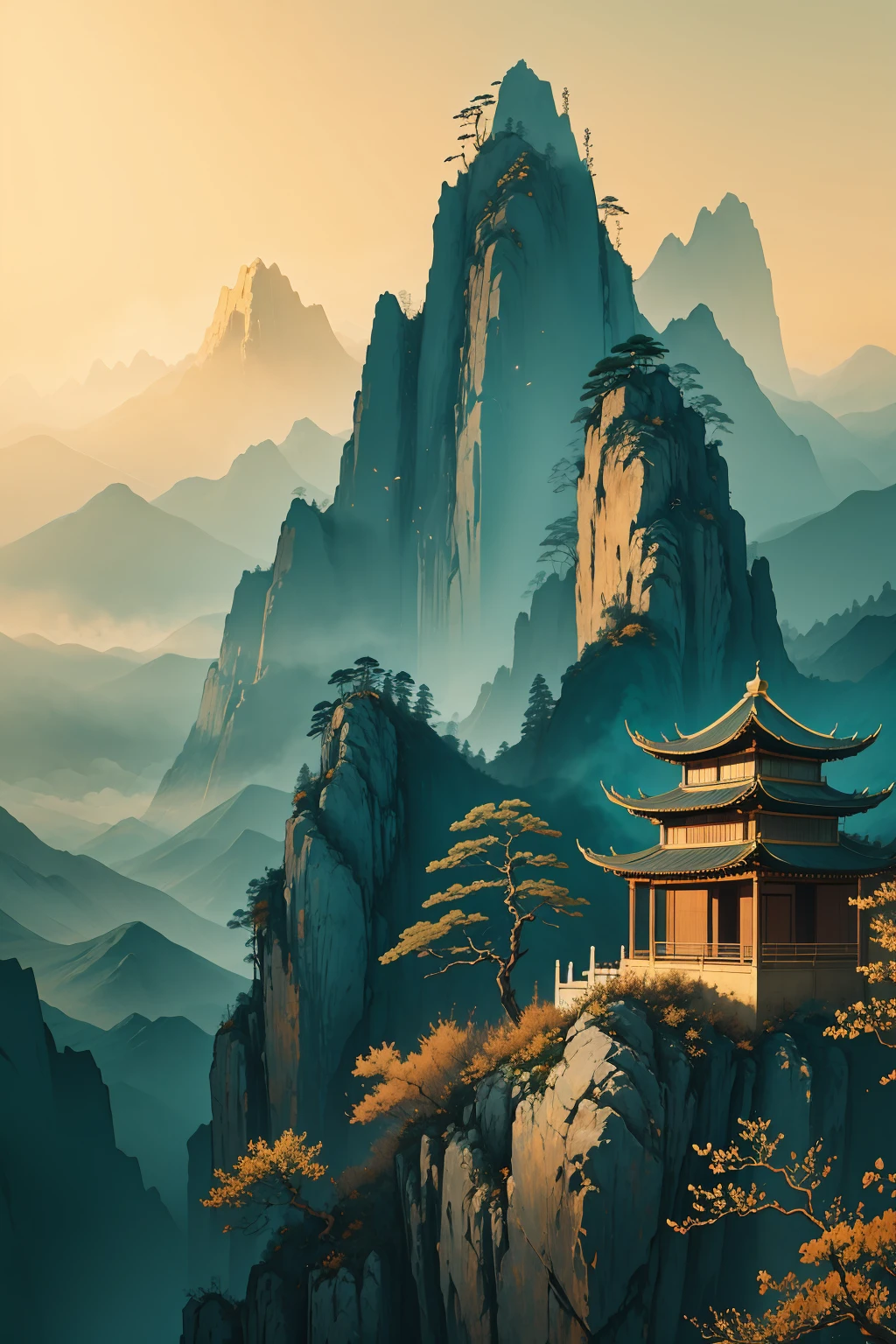 liujin,national style architecture,staggered peaks in front and behind,pavilions perched on the hillside,pine trees,panoramic views,scenery,no humans,tree,mountain,outdoors,gold stroke,clear sky,glow,<lora:ééå½é£:0.8>,