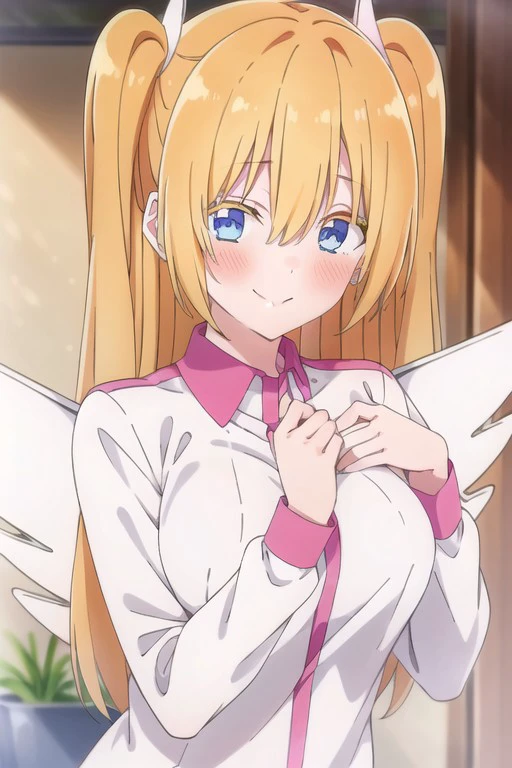 (masterpiece),lilysa amano, 1girl, blue eyes, smile, solo, twintails, blush, blonde hair, wings, long hair, looking at viewer, hair between eyes, long sleeves, upper body, closed mouth