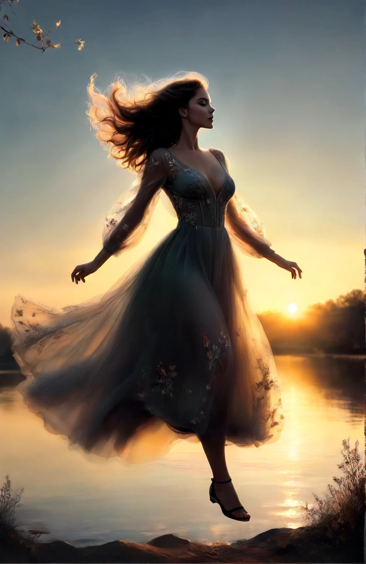 digital art  of a woman in dress,  jumping in the evening sun<lora:dress:1>