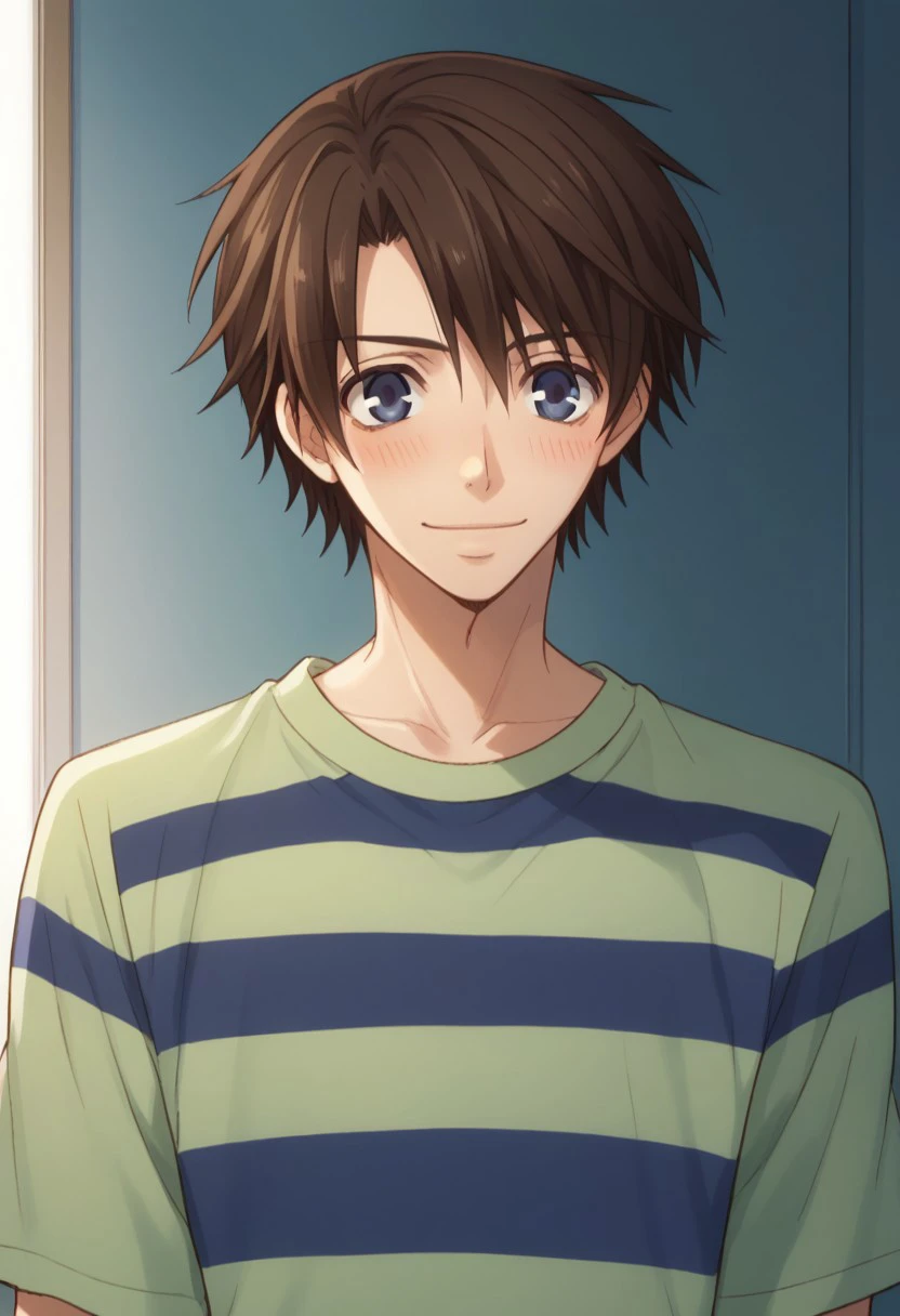 score_9, score_8_up, score_7_up, source_anime, highly detailed, 
chiaki, 1boy, male focus, solo, brown hair, blue eyes, shirt, striped shirt, striped, upper body, blush, smile