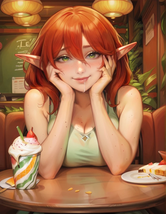 score_9, score_8_up, score_7_up,   detailed background,  realistic lighting, background: restaurant,
detailed eyes, mature female,fit and slim,(1 girl), closed mouth, sitting, food on table, food in hand, table, icecream, saliva drip,
<lora:Tasty-000006:0.9>,tasty food,  happy, hand on face,
<lora:Pony - Style - Kittew:1> 4RCH0N
red hair, medium hair, hair between eyes, diagonal bangs, elf ears, green eyes, green tanktop,