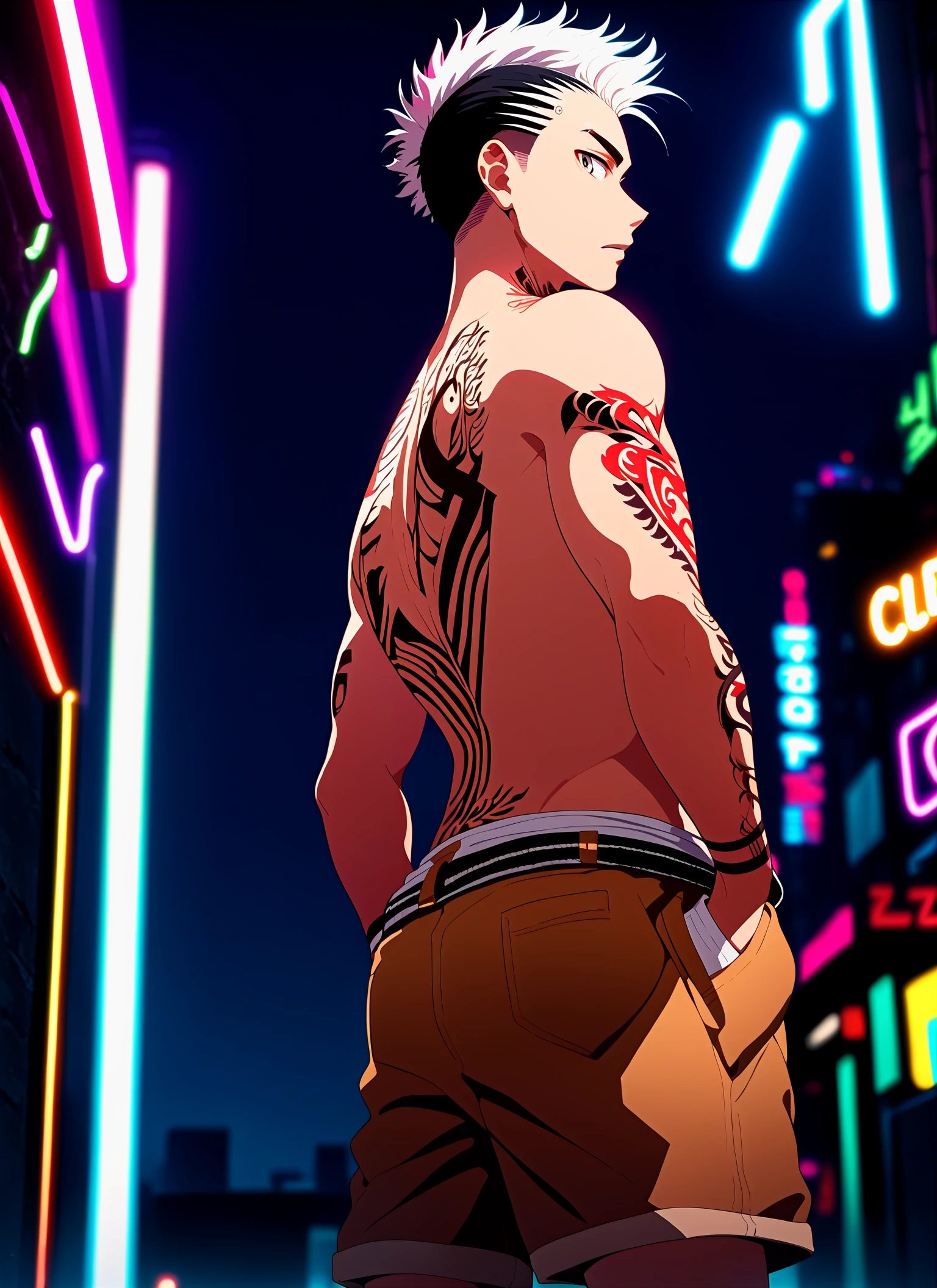 (masutepiece:1.3), ccurate, (Super Detail, high details, top-quality), Best Quality,( hight resolution, 8K),(Man with big carp tattoo all over his back: 2), nffsw, A detailed face,Detailed legs,Upper body naked,posterior view,aureole,Mafioso,fundoshi:1.2,short-haired、Arms crossed、Fish carp、Yakuza Movies