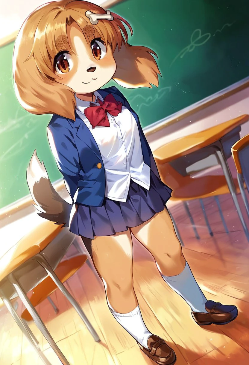 Solo, 1girl, female, young, small body, shortstack, cute face, furry, dog ears, dog tail, dog girl, breast, body fur, bone hair ornament, brown hair, brown eyes, animal nose, bangs, thick eyebrows, short hair, detailed eyes, detailed skin, detailed eyes, perfect face, timid, BREAK school uniform, jacket, long sleeves, open jacket, collared shirt, socks, bowtie, pleated skirt, miniskirt, shoes, BREAK classroom, indoors, school, standing in front of blackboard, colorful, looking at viewer, front view, dutch angle, BREAK ((ultra-detailed)), ((best quality)), ((best quality)), ((beautiful eyes)), ((extremely detailed)), 4K, (8K), best quality, (beautiful), Master piece, highres, score_9, score_8_up, score_7_up, score_6_up, score_5_up, score_4_up, colorful, best quality, official art, highres, masterpiece, nai3, god light, detailed background, high quality background,