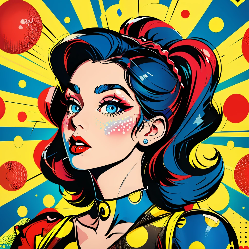 Create a vibrant pop art image of a woman with striking blue eyes, black wavy hair, and bright red lips. She is adorned in a yellow polka dot dress with red dots. The background features dynamic blue and red circles, enhancing the lively atmosphere. A whimsical touch is added with a yellow straw sticking out of her hair. Render this scene with high-contrast colors, sharp lines, and a retro pop art style, reminiscent of Roy Lichtenstein. Emphasize bold outlines and a flat, comic-like aesthetic to capture the energetic and playful spirit of pop art.