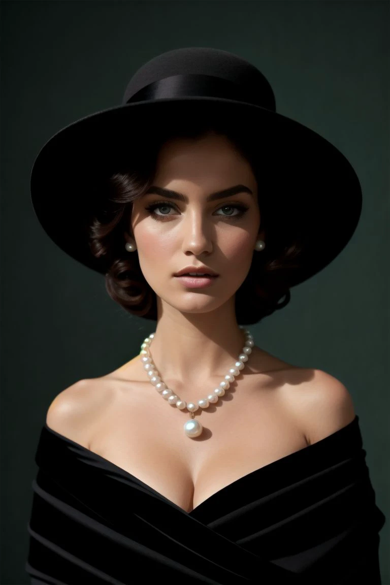 8k, close-up editorial image,
A woman in a monochrome setting. She wears a wide-brimmed hat, which casts a shadow over her face. The woman has a furry stole draped over her shoulders, and she is adorned with pearl necklaces. Her gaze is directed towards the camera, and she has a poised and elegant demeanor. The background is plain, emphasizing the subject.