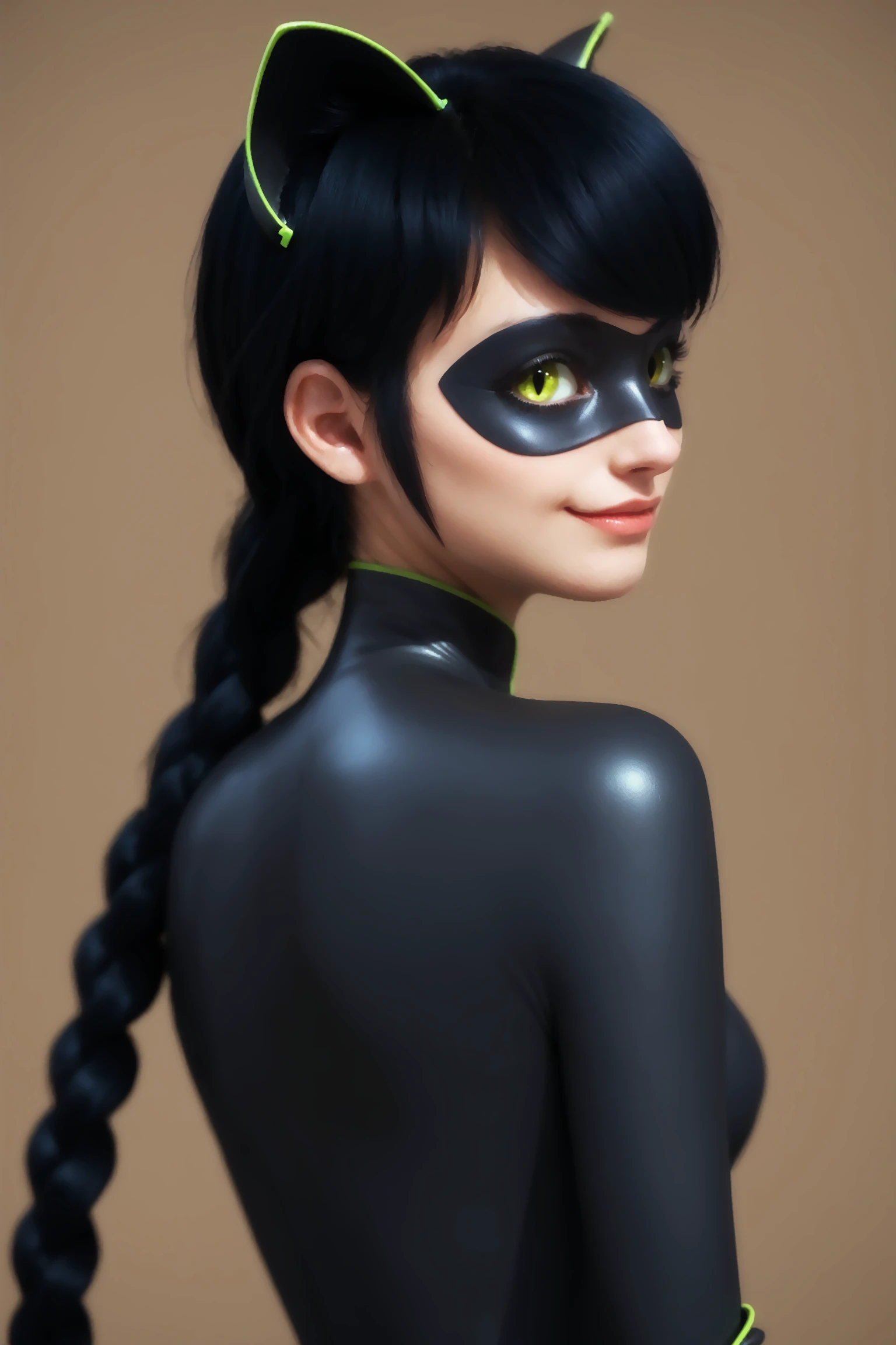 score_9, score_8_up, score_7_up, BREAK, imtdladynoire, 1girl, adult, black bodysuit, mask, black hair, smile, close mouth, very tight bodysuit, cat ears, single braid, very long braid, from behind, ass, domino mask, green eyes, skin tight, bangs
