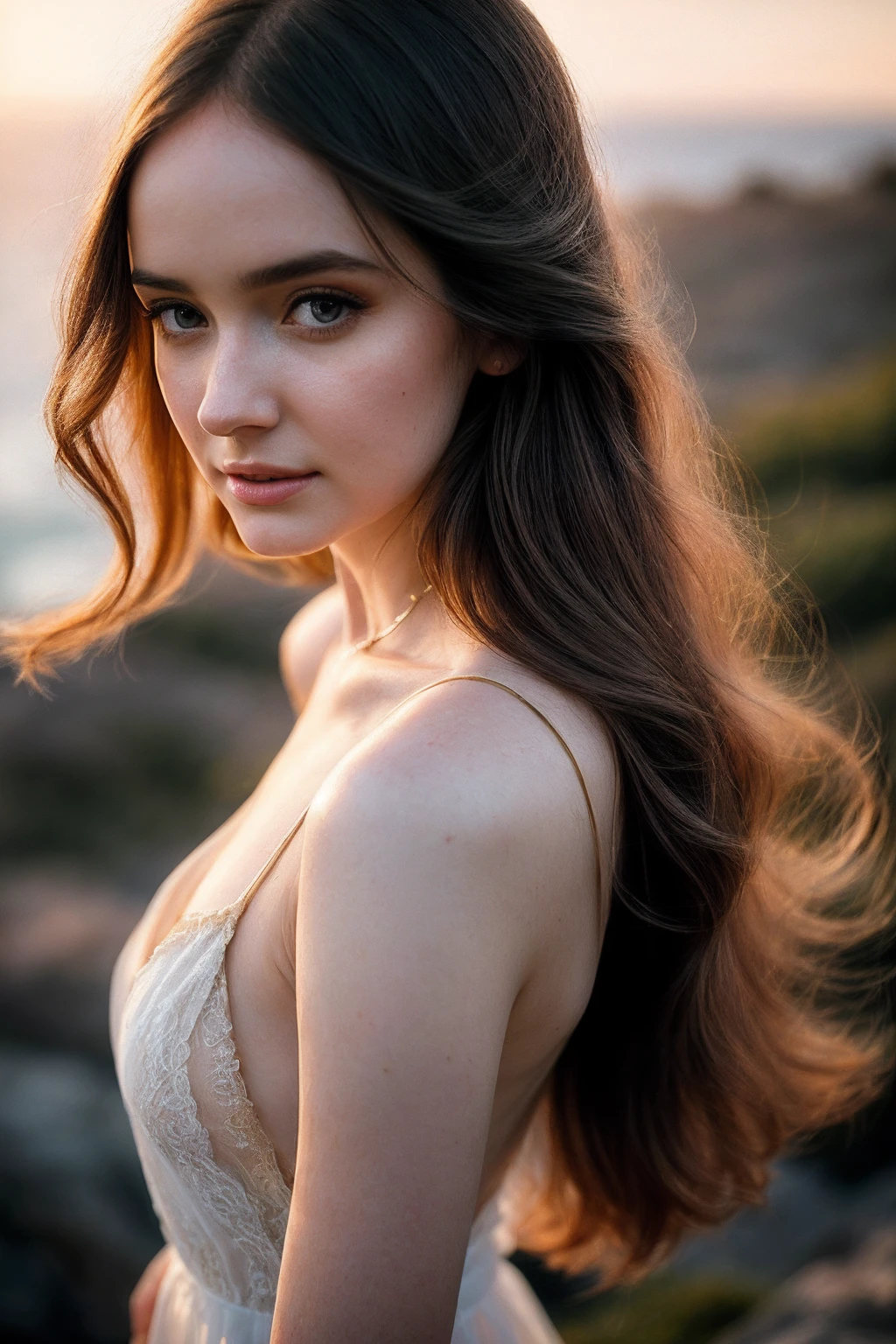 HazelM_SoloTI_v1,
(In a flowing, ethereal dress with soft, delicate fabrics, with gently tousled hair and a serene, contemplative expression, for a look of otherworldly grace), (Amidst the sun-drenched, golden landscapes and serene, coastal vistas of Los Angeles, where the boundary between the celestial and the earthly blurs in a poignant tale of love and longing:1.3), (poignant:1.3),(analog, cinematic, warm hues, soft focus, cinematic shot:1.3),
<lora:add_detail:0.6> epiCPhoto, PA7_Portrait-MCU,
