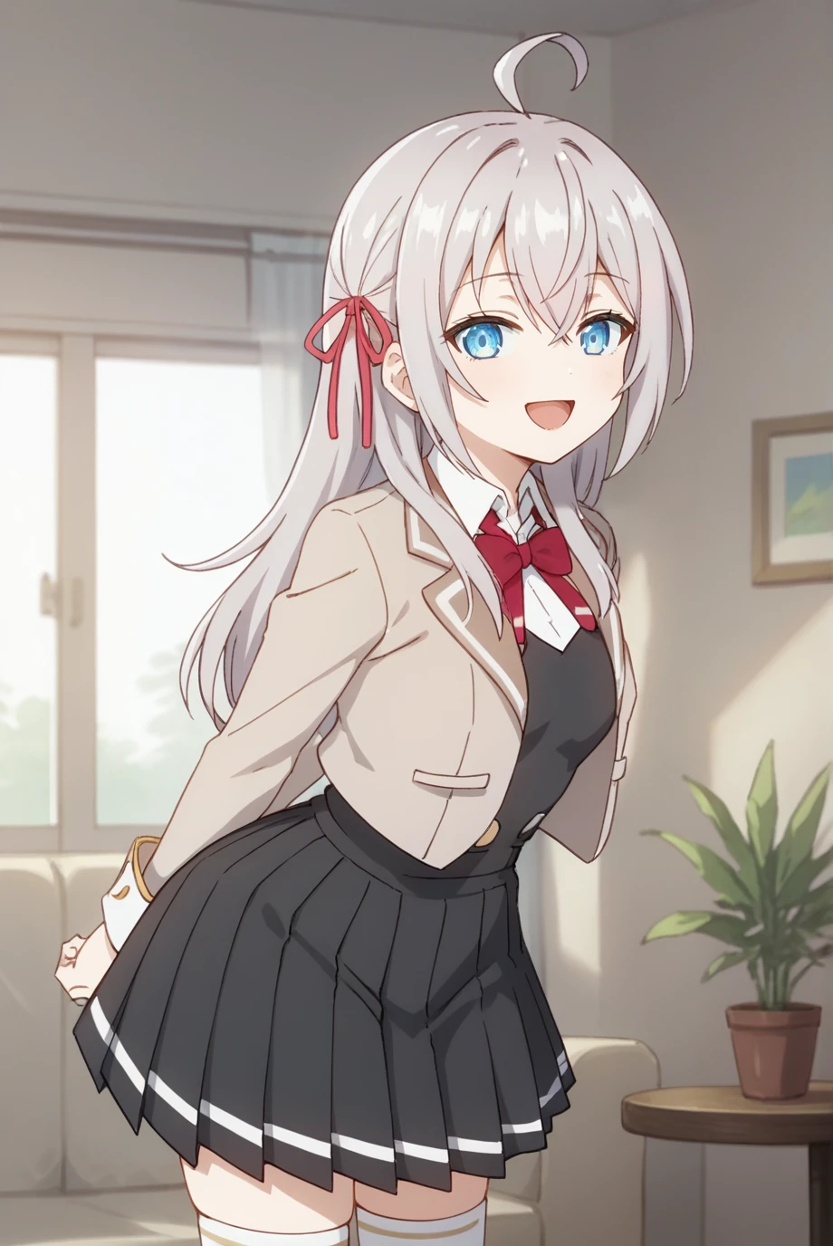 score_9, score_8_up, score_7_up, score_6_up, score_5_up, score_4_up, BREAK source_anime, 1girl, solo,
<lora:MikhailovnaXL-v1-07:0.7>, ChopioAlisa, grey hair, long hair, ahoge, hair between eyes, crossed bangs, hair ribbon, blue eyes, looking at viewer,
outfit_1, beige jacket, cropped jacket, open jacket, long sleeves, bowtie, white collar, black dress, sleeve cuffs, pleated skirt, white thighhighs, zettai ryouiki,
living room, standing, smile, arms behind back, leaning forward, open mouth, from front, from side,