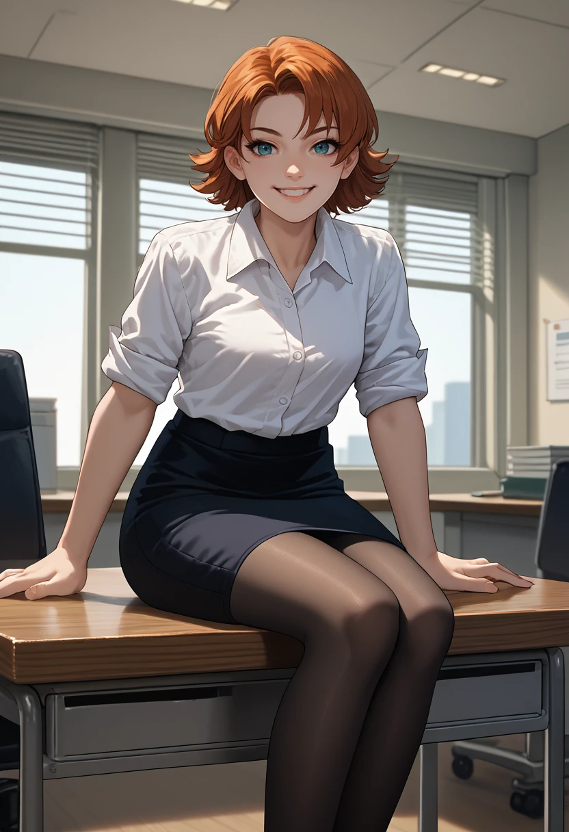 score_9, score_8_up, score_7_up, source_anime, solo, 1girl, n0rarnd, smile, looking at viewer, sitting on table, white shirt, collared shirt, sleeves rolled up, black skirt, pencil skirt, black pantyhose, indoors, office <lora:rwby_noravalkyrie_ponyXL:1> <lora:attire_virgindestroyer_ponyXL:1>