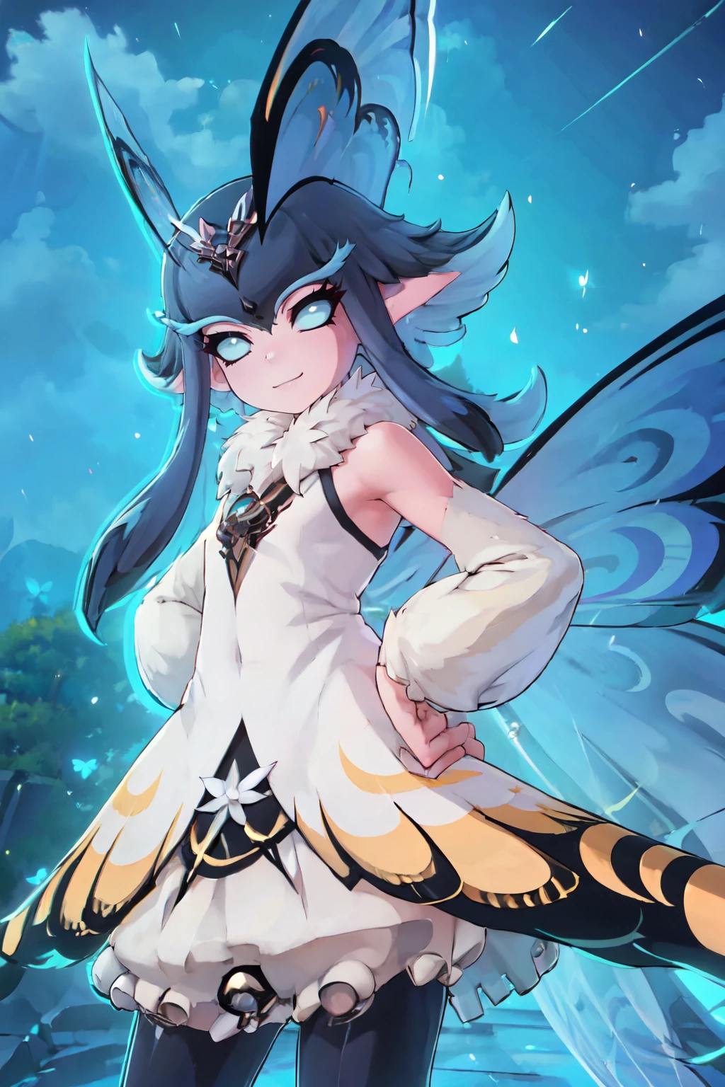 ((masterpiece,best quality)), absurdres,  BREAK, , <lora:Phantomfly_Azur:0.8>,     zzPhantomfly, looking at viewer, smile, fur collar, dress, wings, night, hands behind back, butterfly wings, , BREAK, hip to the side, contrapposto,, BREAK, solo, smile, looking at viewer, cowboy shot,