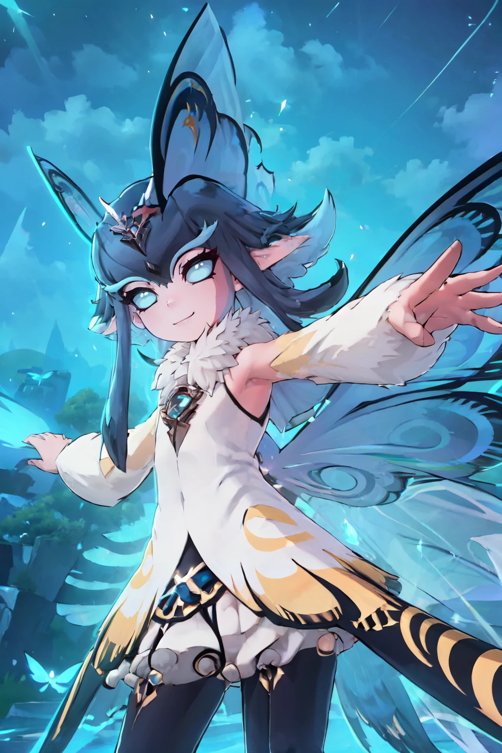 ((masterpiece,best quality)), absurdres,  BREAK, , <lora:Phantomfly_Azur:0.8>,     zzPhantomfly, looking at viewer, smile, fur collar, dress, wings, night, outstretched arms, fur collar, butterfly wings, , BREAK, hip to the side, hand on hip, contrapposto,, BREAK, solo, smile, looking at viewer, cowboy shot,