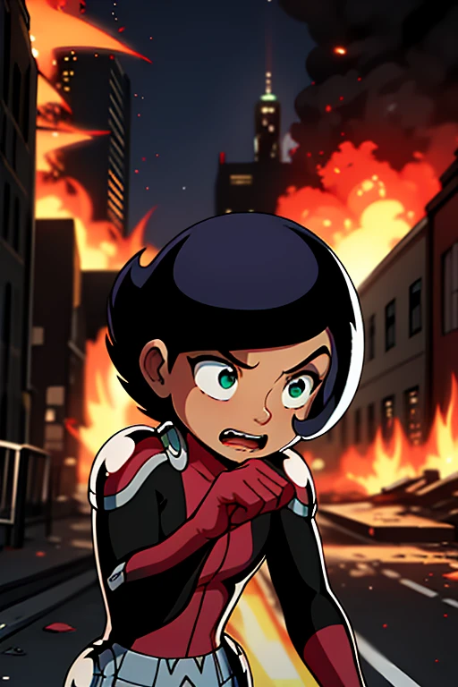 <lora:megan-09:1> megan, pink bodysuit, fire background, destroyed city, behind buildings, giant, scared, masterpiece, best quality