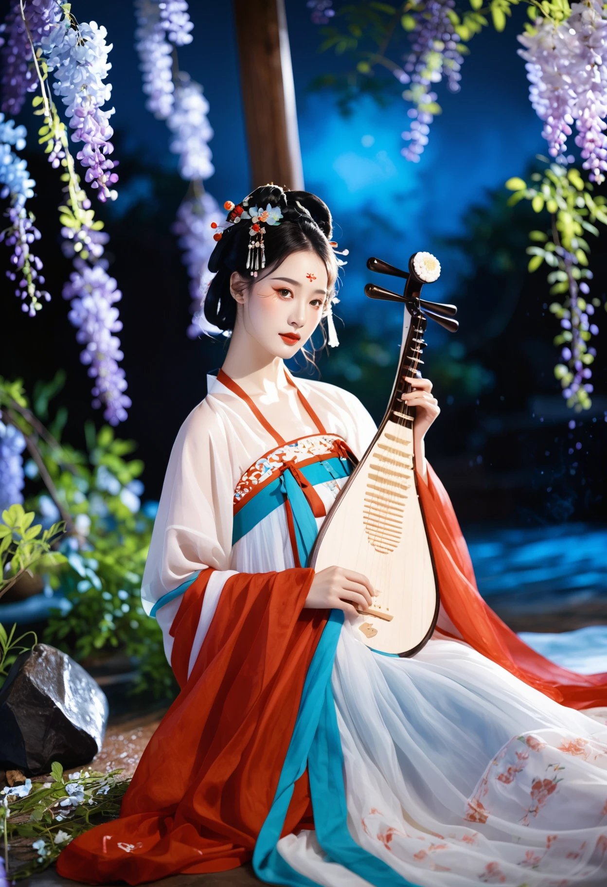 Photograph, traditional Chinese attire, woman in red and white hanfu, intricate floral hair ornaments, playing a pipa, surrounded by blooming wisteria, soft blue lighting, serene expression, lush greenery in the background, evokes ancient Chinese dynasty ambiance.