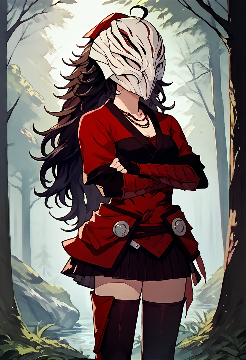 score_9, score_8_up, score_7_up, solo, 1girl, ravenbranwen, standing, crossed arms, ahoge, mask, covered face, japanese armor, arm guards, fingerless gloves, black skirt, black thighhighs, necklace, outdoors, forest <lora:rwby_ravenbranwen_ponyXL:1>